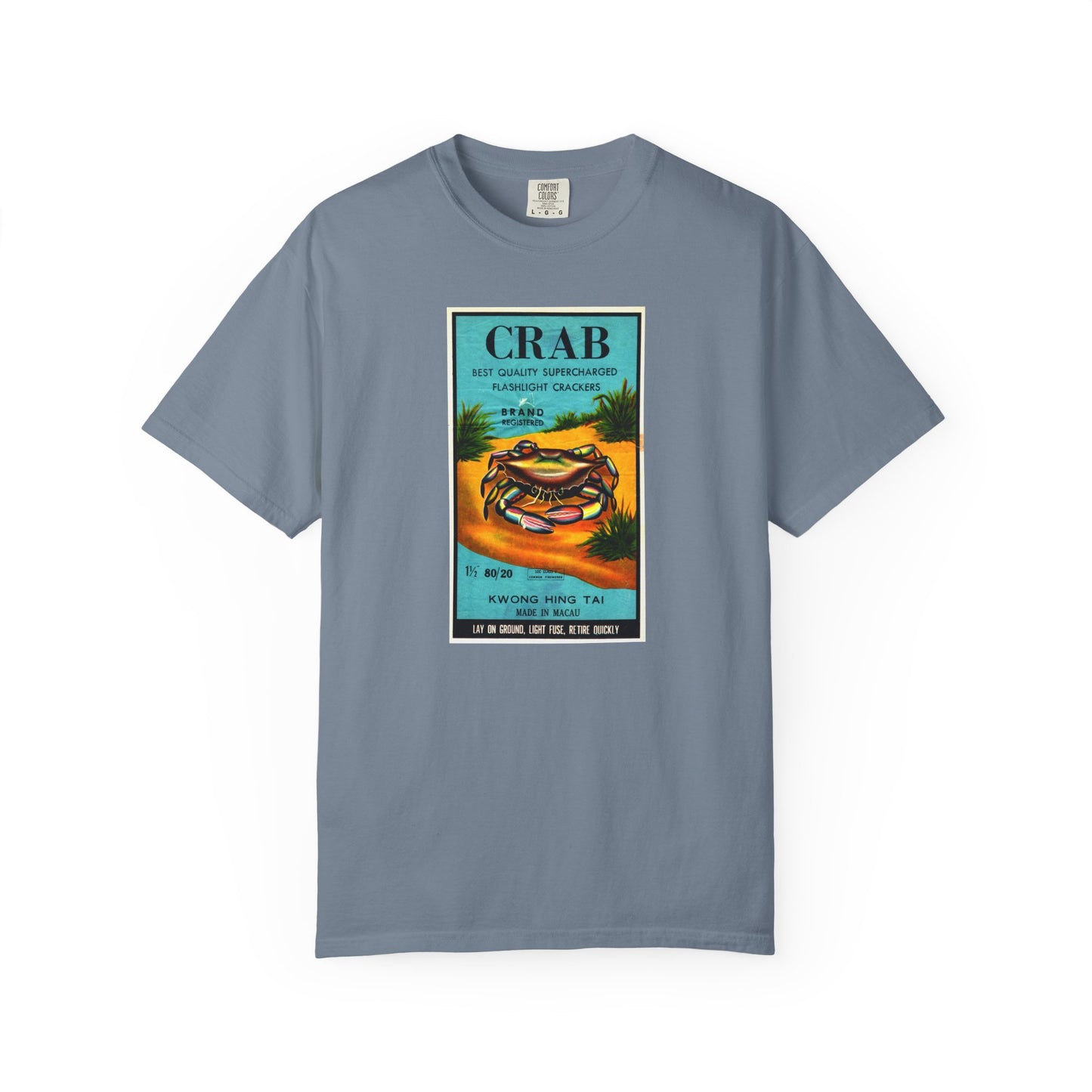 Crab Brand Firecrackers t-shirt on model front — America's 250th anniversary fireworks apparel — The Faded Label Co.