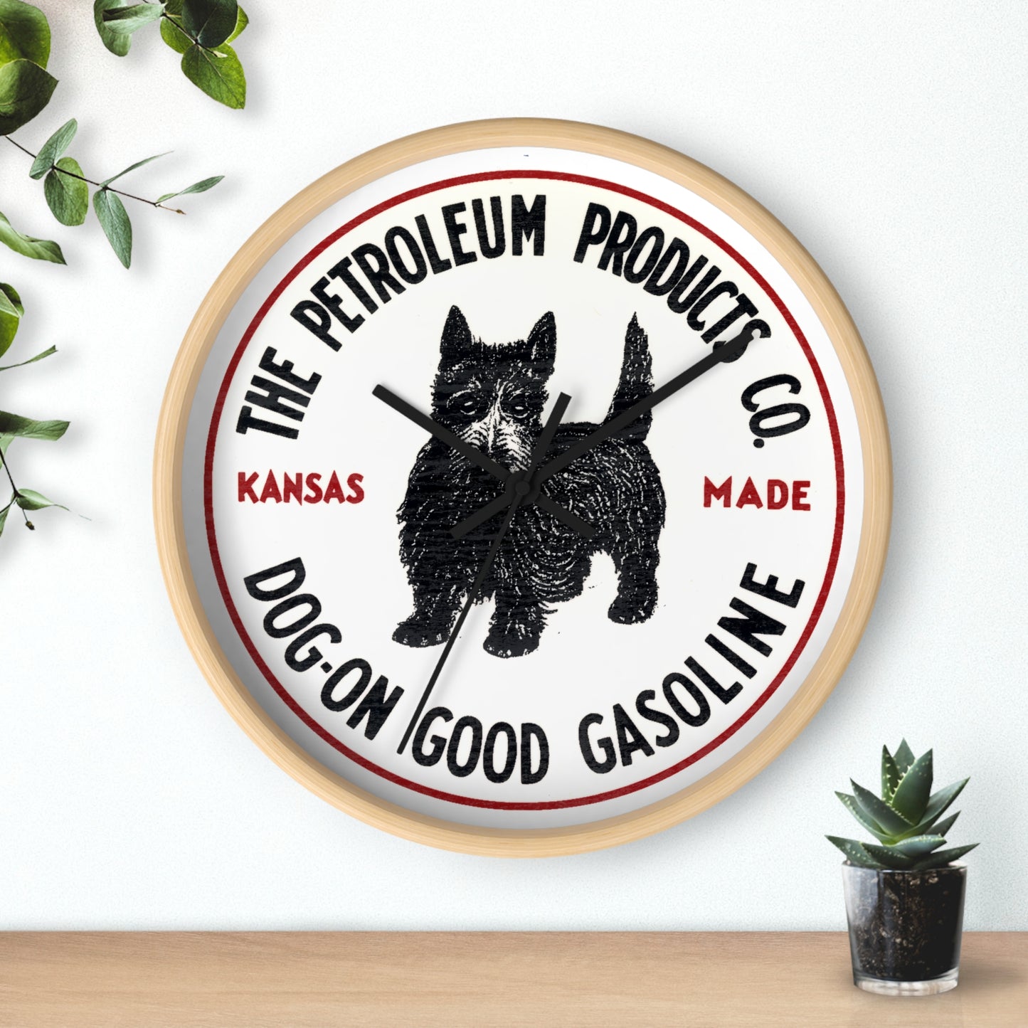 Dog-On Good Gasoline wall clock in garage setting — man cave petroliana decor — The Faded Label Co.