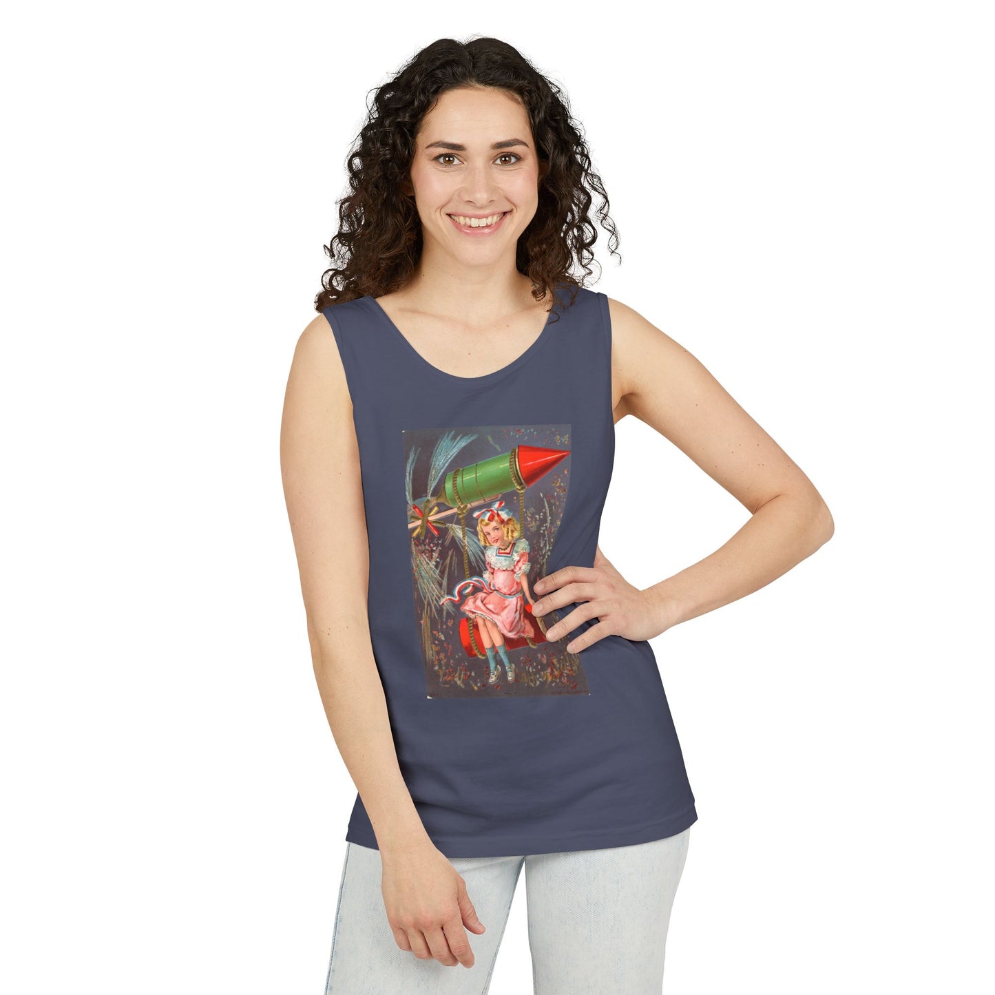 1907 Rocket Girl tank top size detail — Comfort Colors 9360 unisex tank — The Faded Label Co.