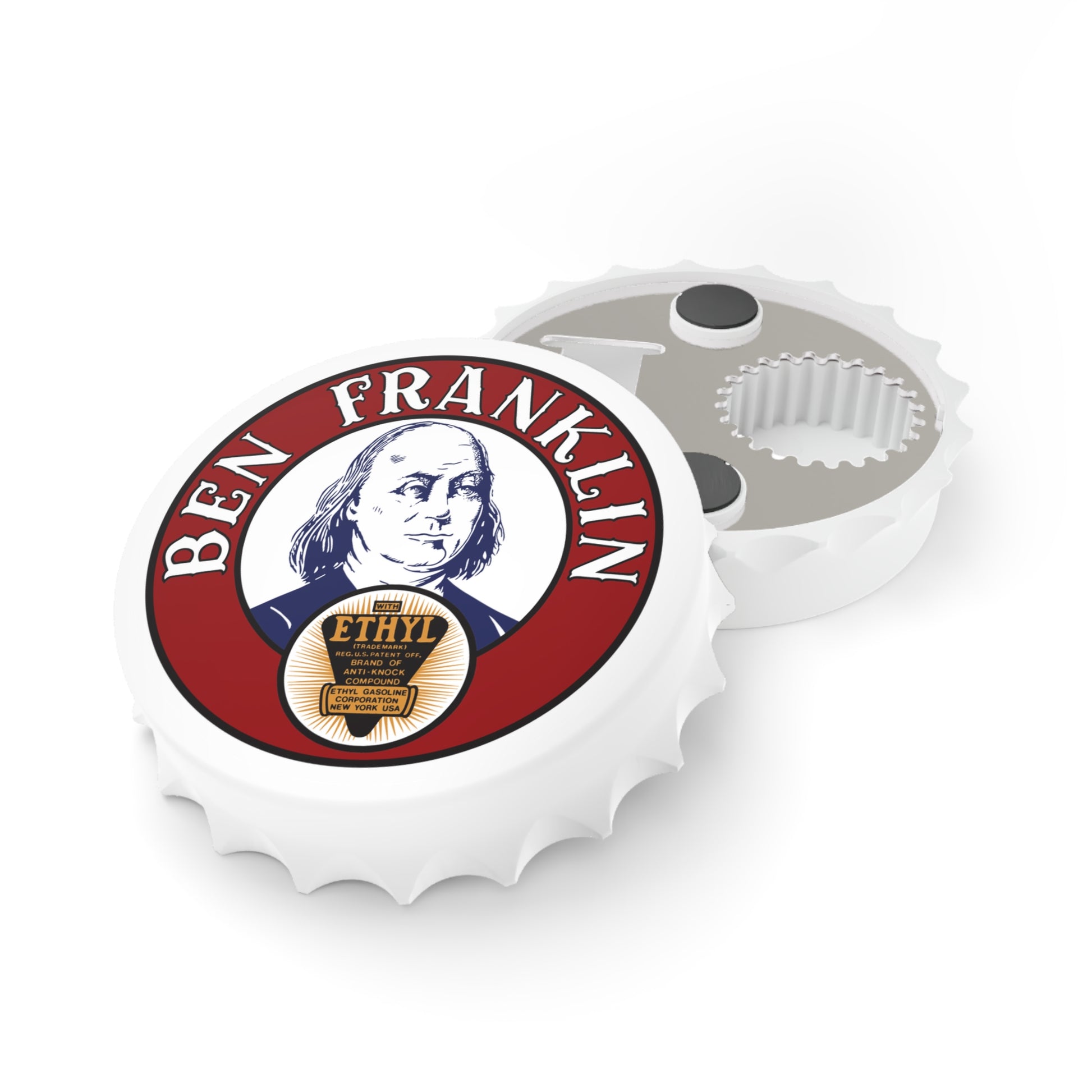 Ben Franklin Gasoline bottle opener lifestyle — vintage Ardmore Oklahoma petroliana — The Faded Label Co.