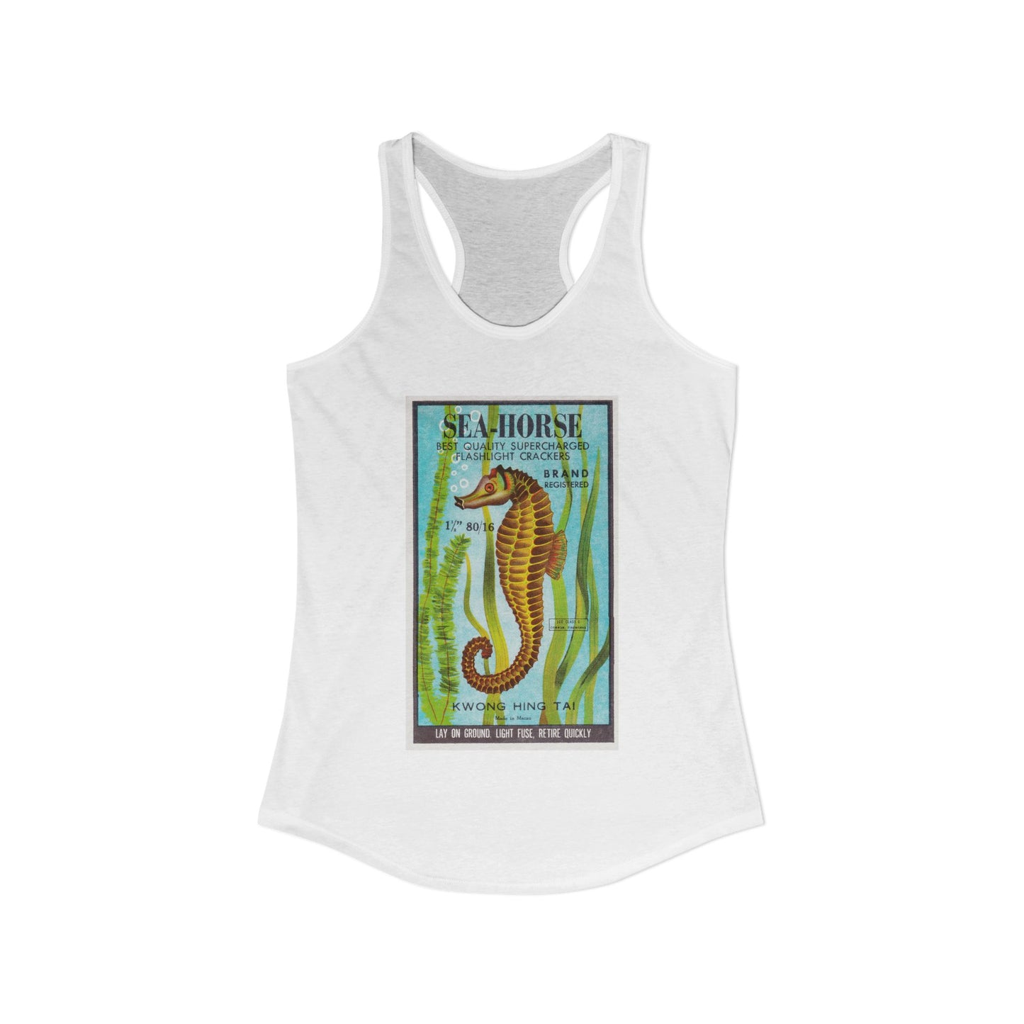 Seahorse Brand Firecrackers women's racerback tank top — vintage 4th of July fireworks art — The Faded Label Co.