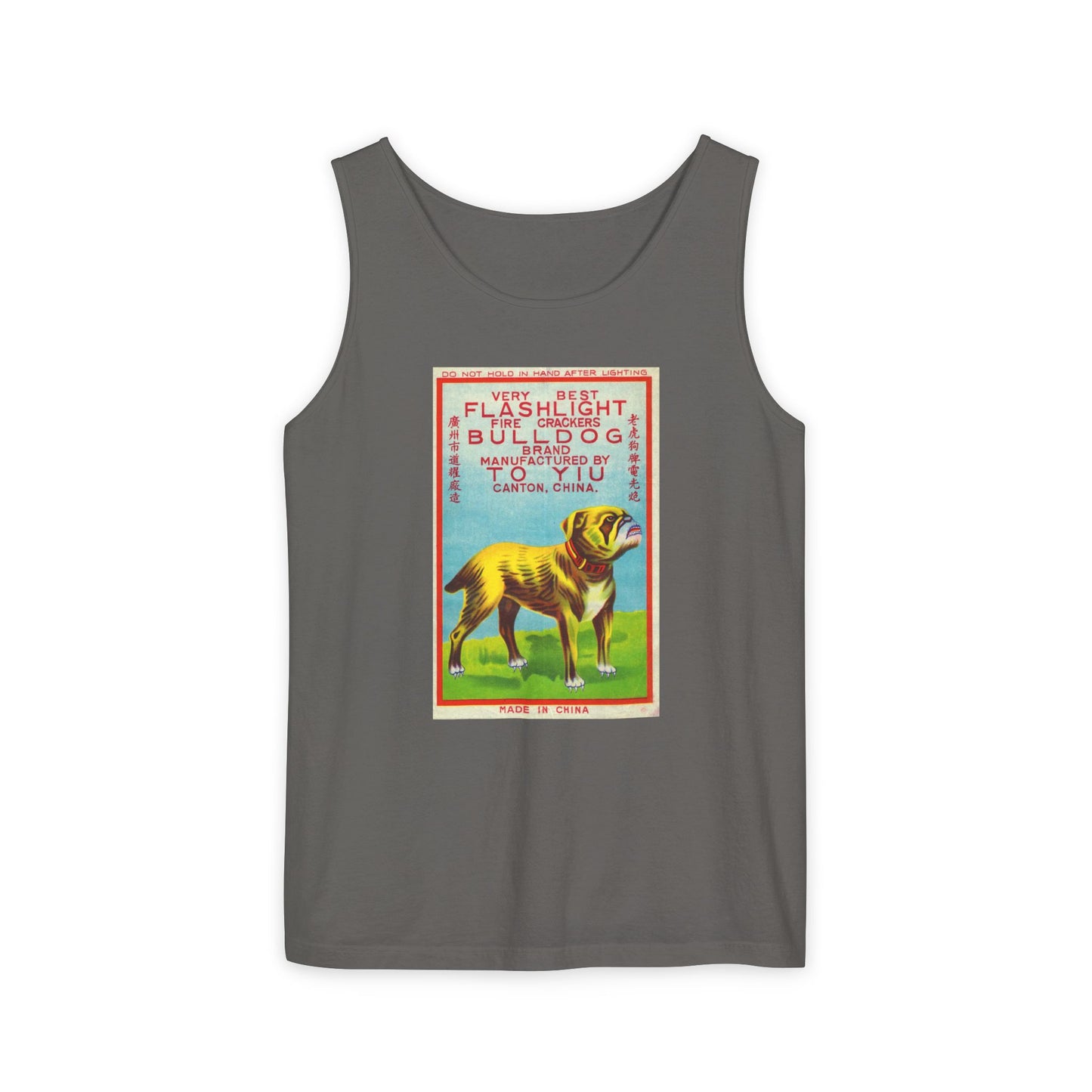 Bulldog Firecrackers tank top blue jean — Comfort Colors garment-dyed — The Faded Label Co.