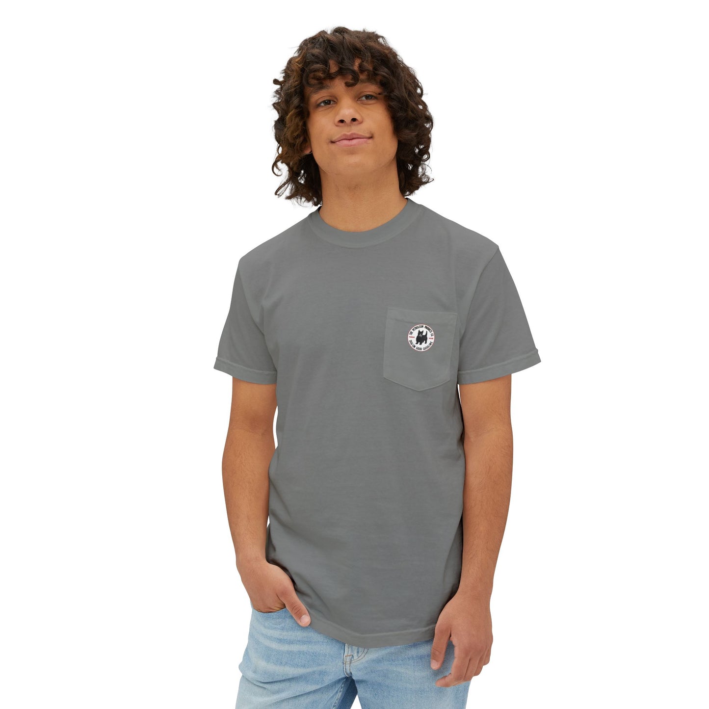 Dog-On Good Gasoline pocket tee flat lay — Kansas petroleum brand apparel — The Faded Label Co.