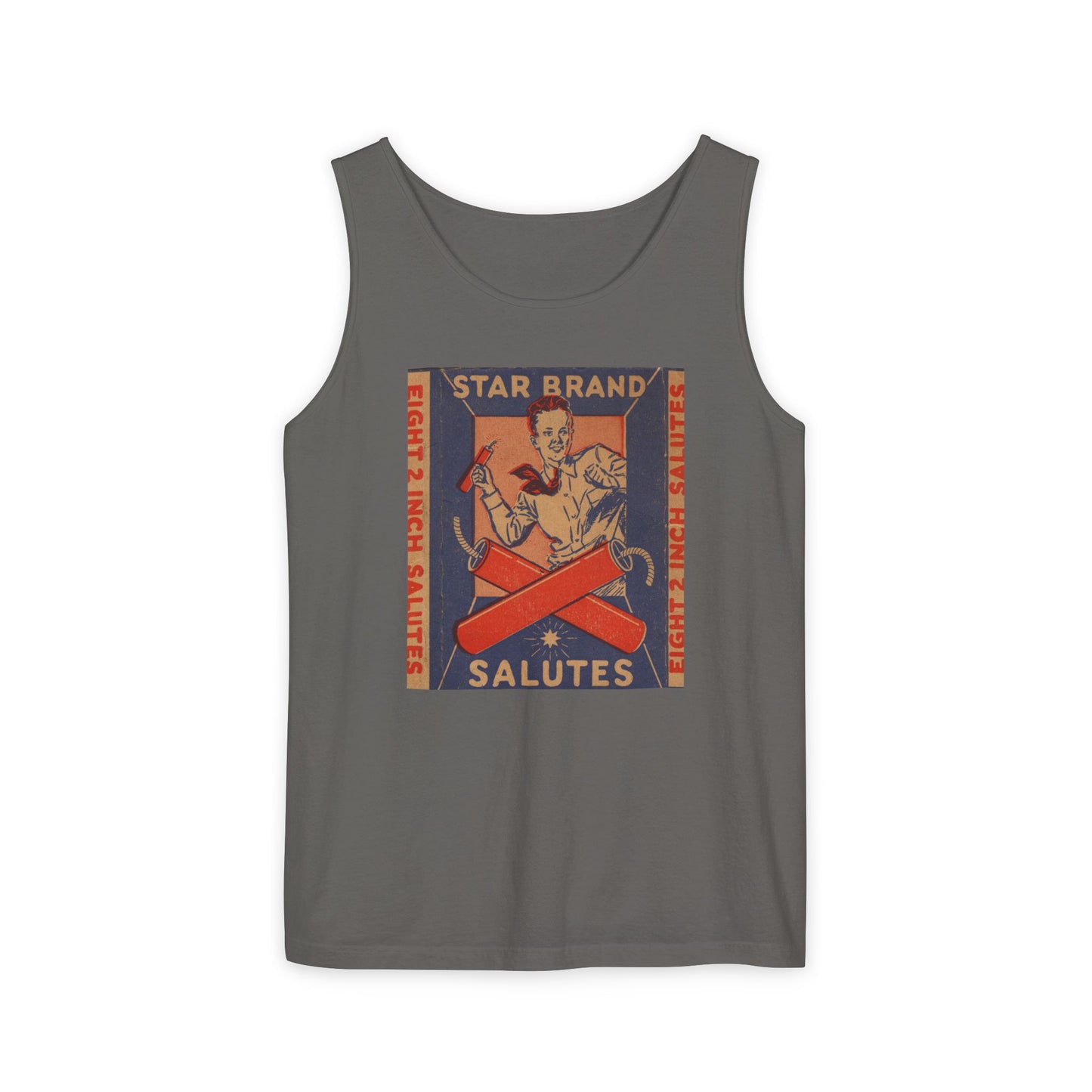 Star Brand Salutes tank top crimson — vintage fireworks label art — The Faded Label Co.