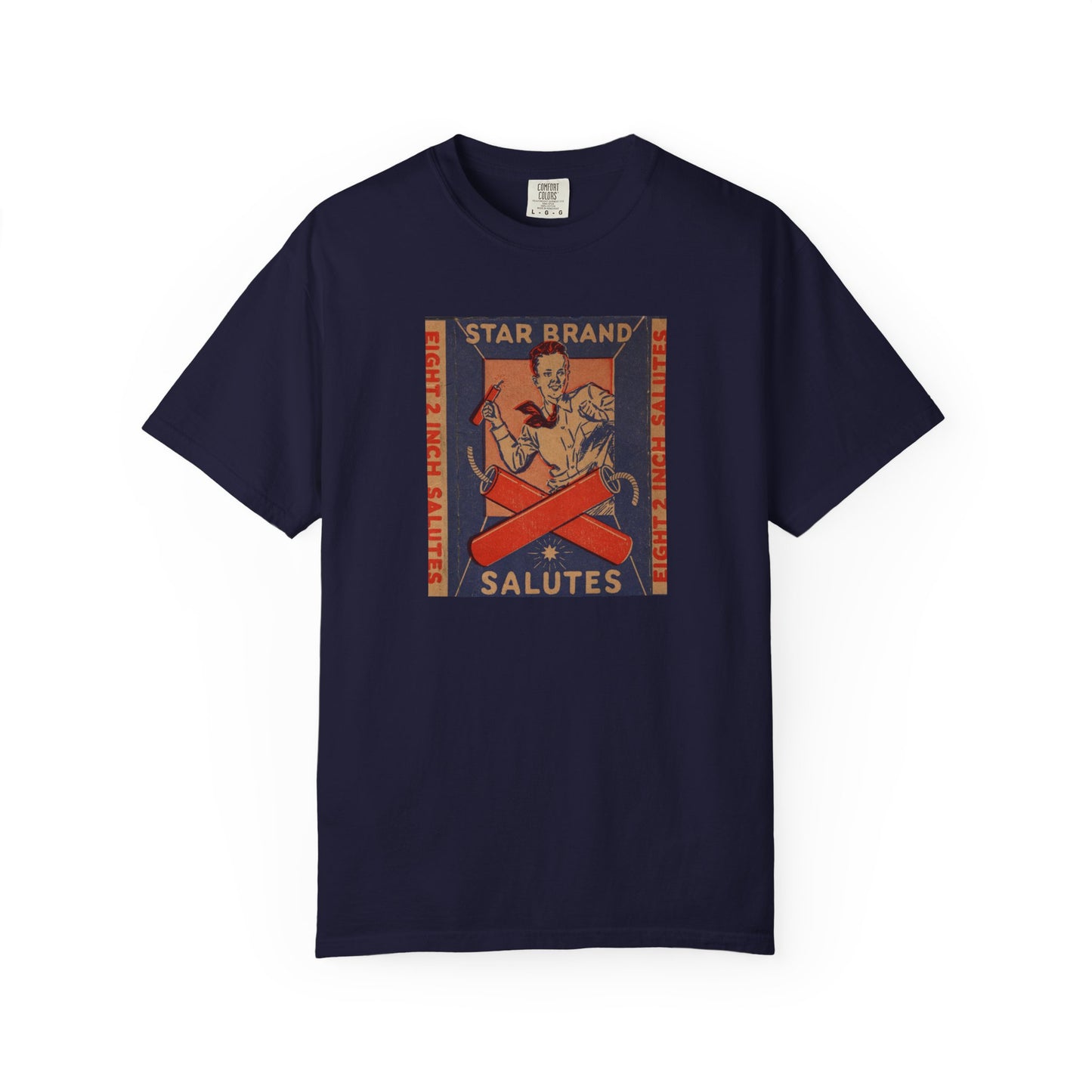 Star Brand Salutes t-shirt ivory — vintage fireworks label art — The Faded Label Co.