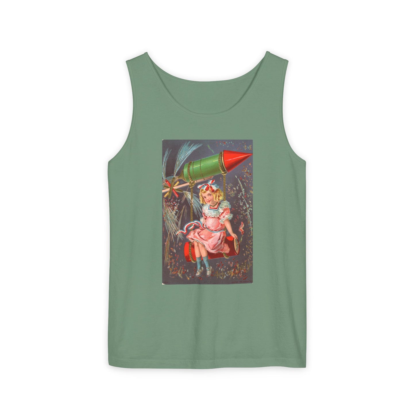 1907 Rocket Girl tank top light green — vintage 4th of July postcard art — The Faded Label Co.