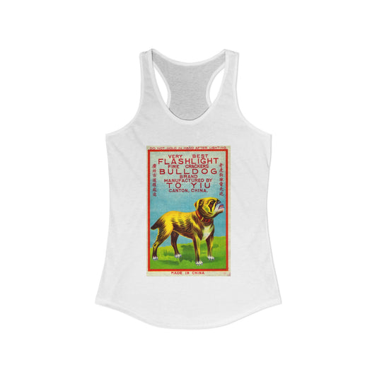 Bulldog Firecrackers women's racerback tank top — vintage 4th of July fireworks art — The Faded Label Co.