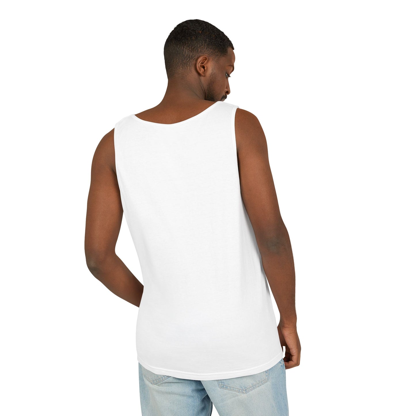 Fourth of July Greetings Uncle Sam tank top lifestyle back — vintage Americana unisex tank — The Faded Label Co.