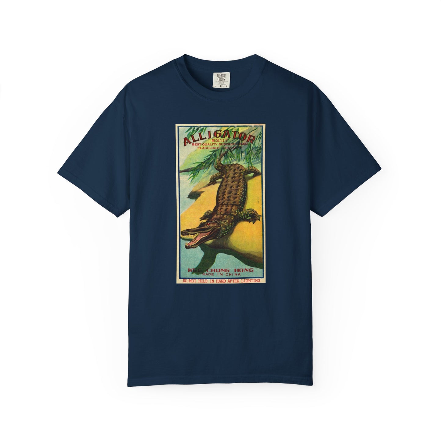 Alligator Brand Firecrackers t-shirt on model front — America's 250th anniversary fireworks apparel — The Faded Label Co.
