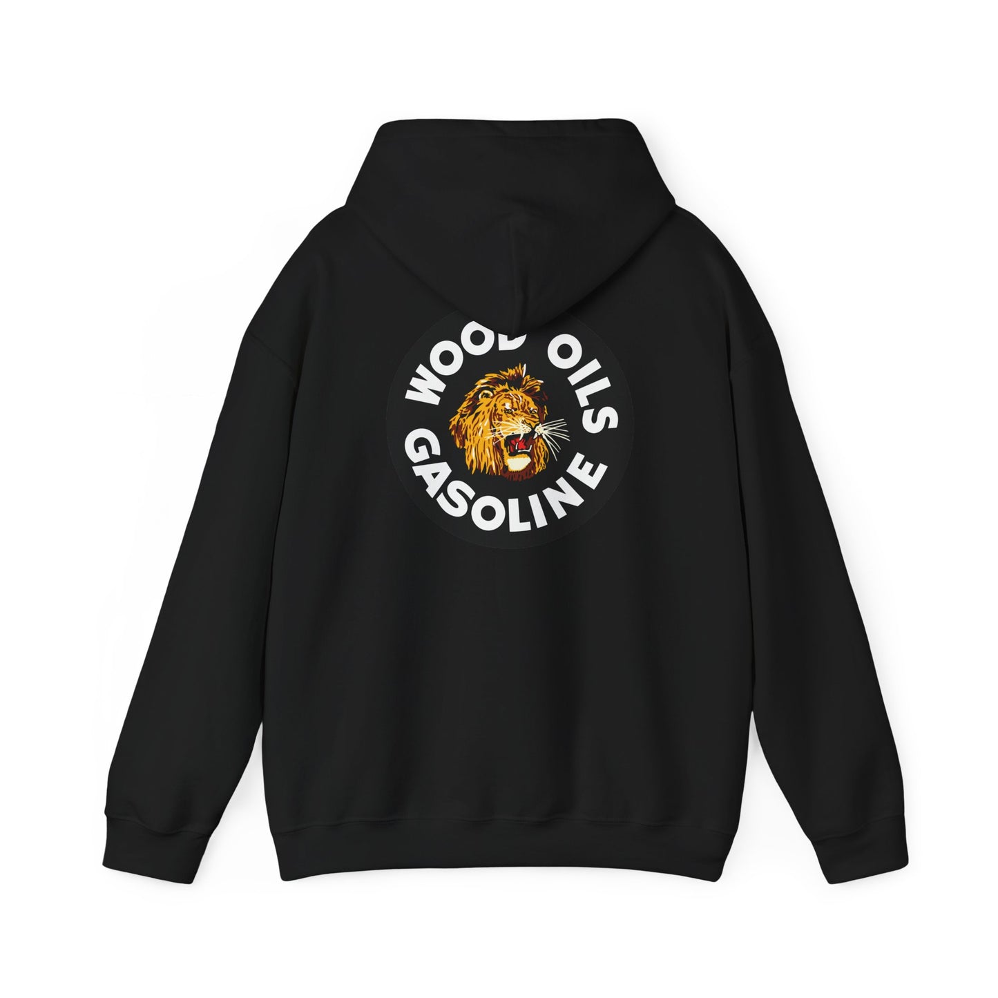 Lion Emblem Gasoline Hoodie — 'Wood Oils Gasoline' Retro Logo Sweatshirt