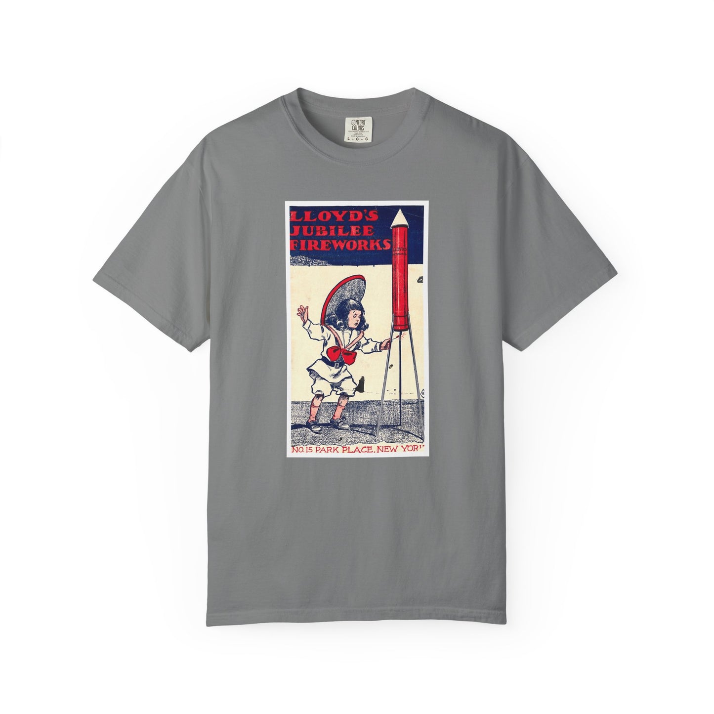Lloyd's Jubilee Firecrackers t-shirt Chambray — vintage patriotic fireworks label tee — The Faded Label Co.