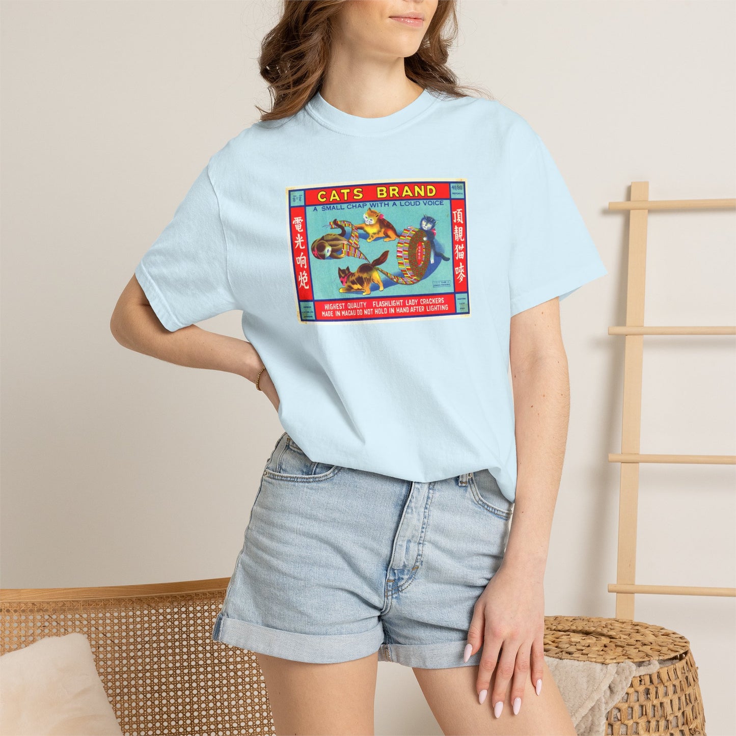Cats Brand Firecrackers t-shirt folded — Comfort Colors garment-dyed fireworks art tee — The Faded Label Co.