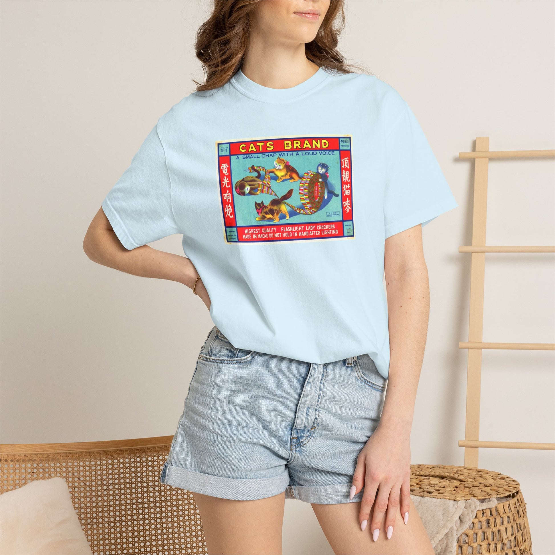 Cats Brand Firecrackers t-shirt folded — Comfort Colors garment-dyed fireworks art tee — The Faded Label Co.