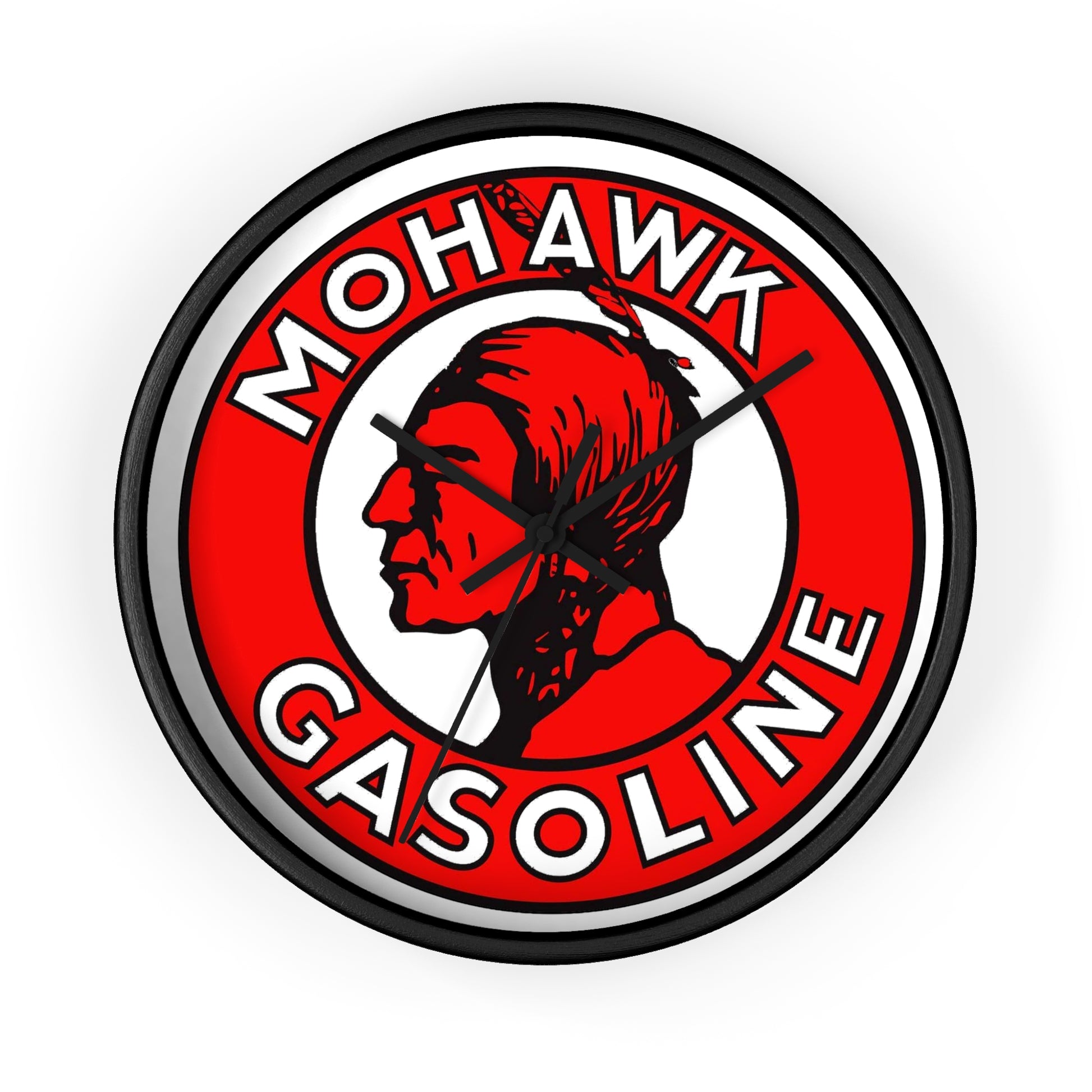 Mohawk Gasoline wall clock black base — vintage petroliana garage decor — The Faded Label Co.
