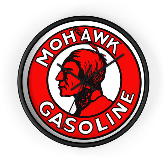 Mohawk Gasoline wall clock black base — vintage petroliana garage decor — The Faded Label Co.