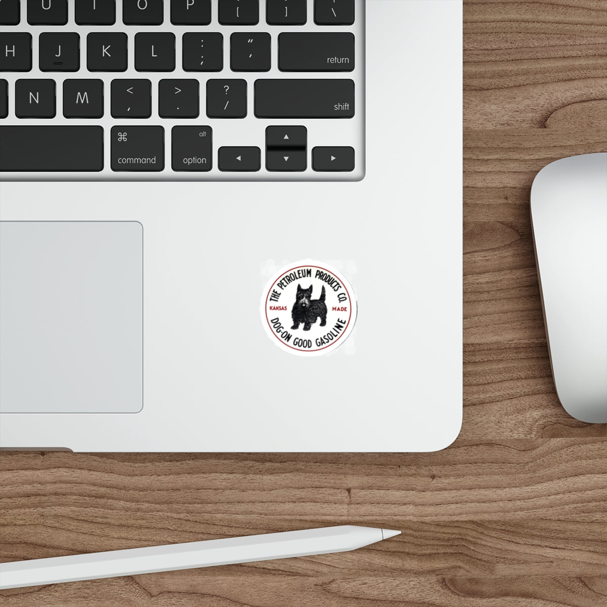 Dog-On Good Gasoline sticker on surface — Kansas petroleum brand decal — The Faded Label Co.
