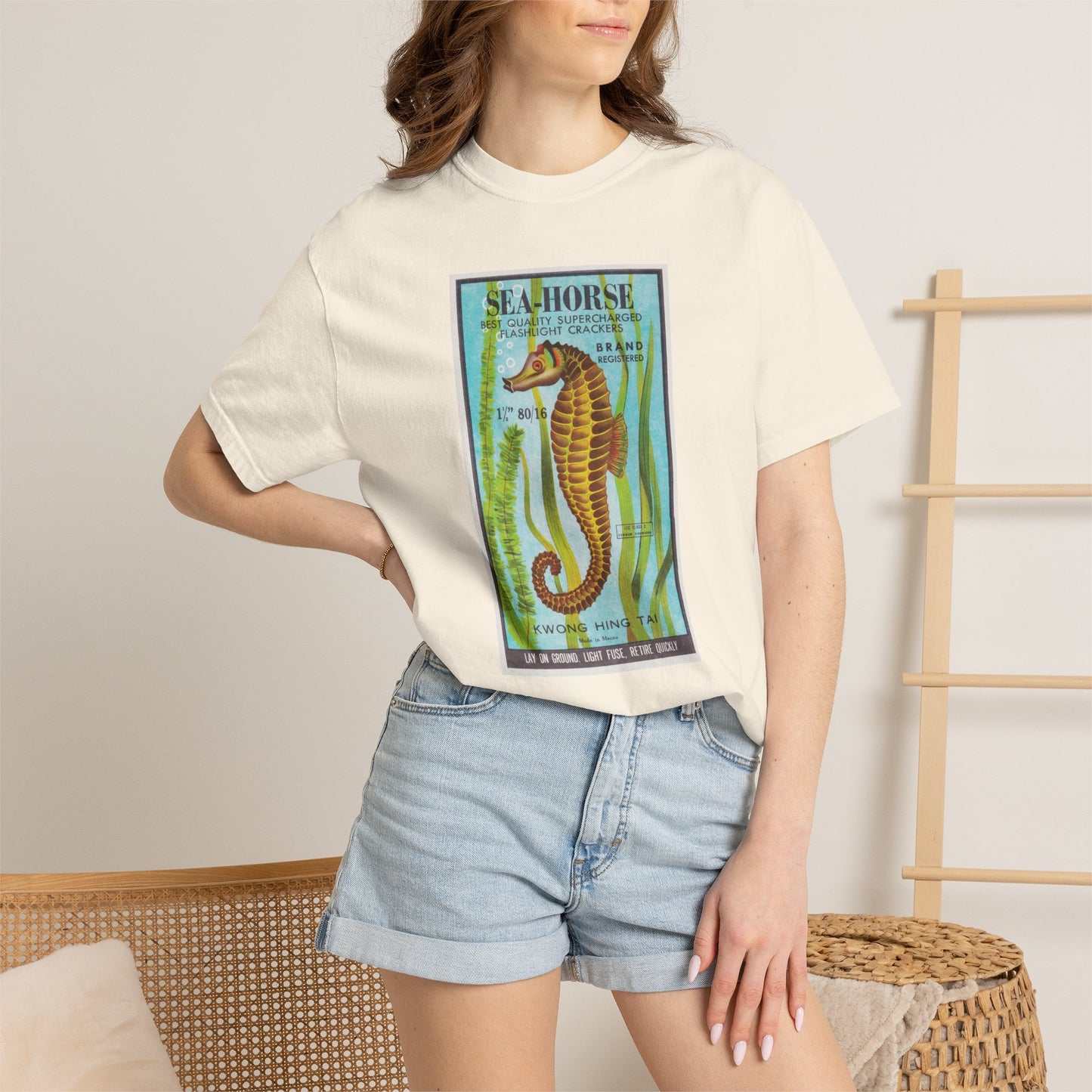 Seahorse Brand Firecrackers t-shirt on model front — America's 250th anniversary fireworks apparel — The Faded Label Co.