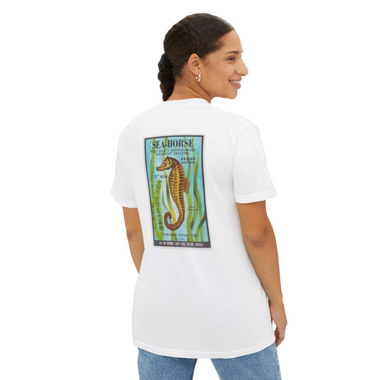 Seahorse Brand Firecrackers pocket t-shirt white back — vintage fireworks label art — The Faded Label Co.