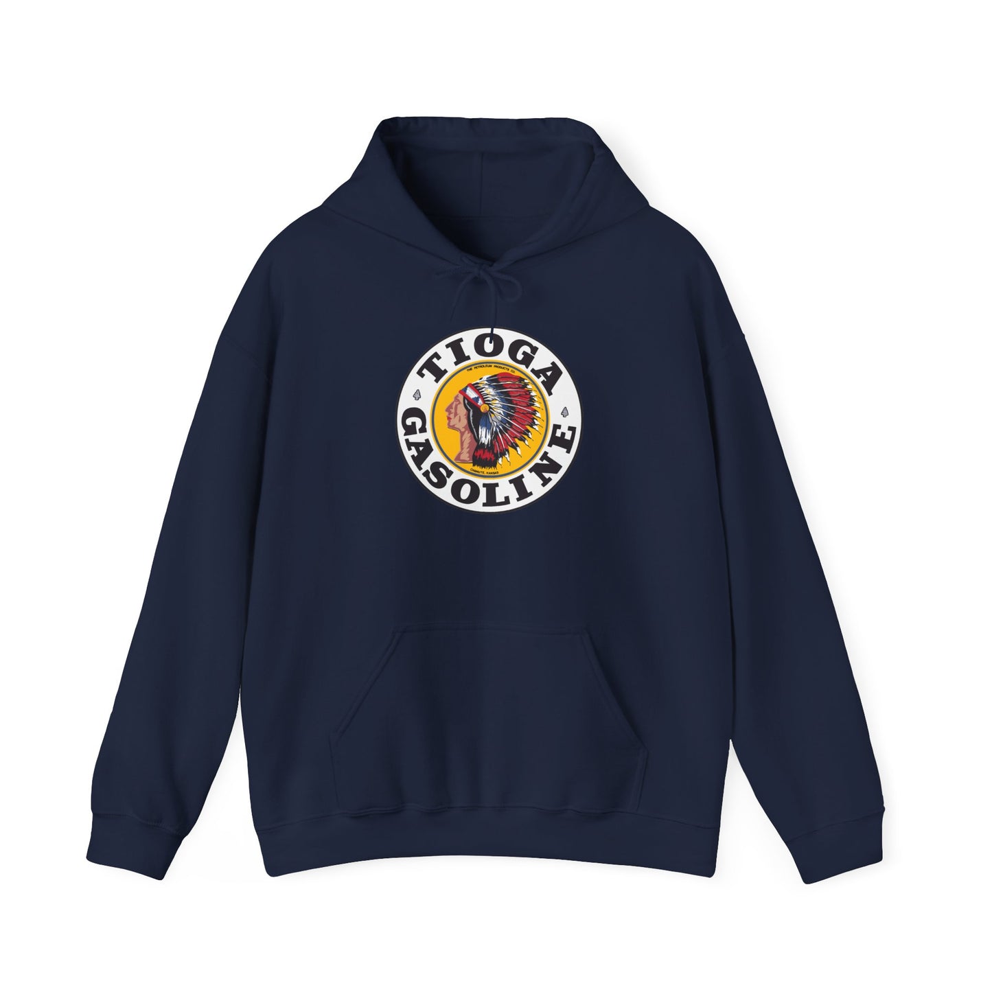 Tioga Gasoline Logo Hoodie — Vintage Native Chief Emblem