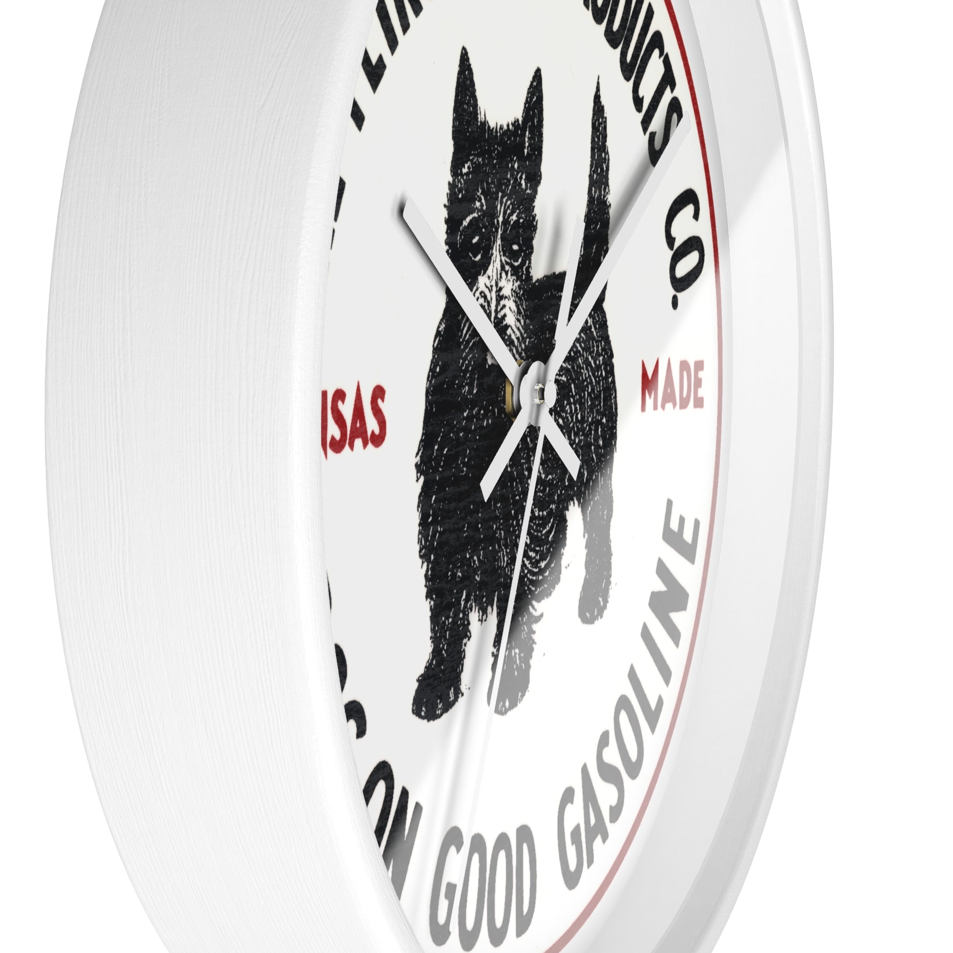 Dog-On Good Gasoline wall clock black base white hands — retro petroliana gift — The Faded Label Co.