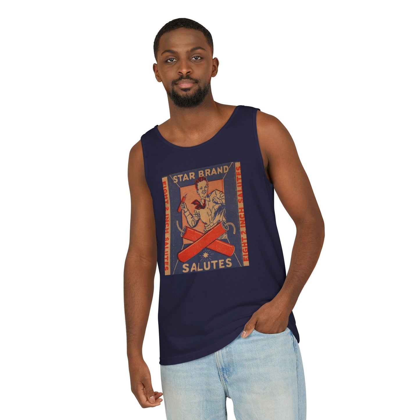 Star Brand Salutes Tank Top — Vintage 4th of July Fireworks Label Art | The Faded Label Co.