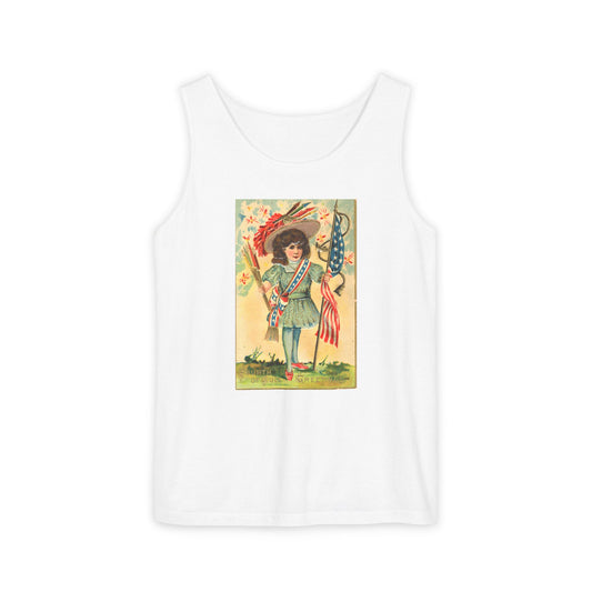 4th of July Patriotic Girl tank top chambray — vintage patriotic postcard art — The Faded Label Co.