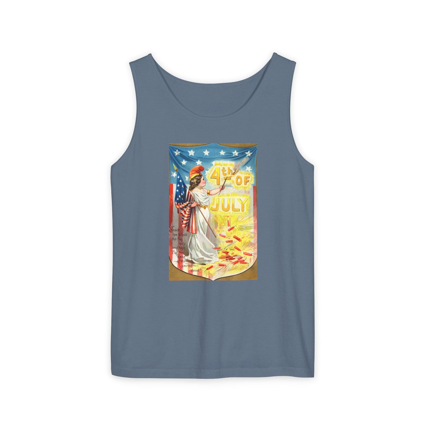 4th of July Flag Girl tank top denim — vintage Columbia patriotic postcard art — The Faded Label Co.