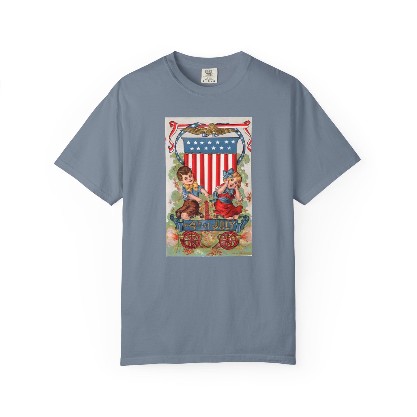 1908 Fourth of July Wagon t-shirt pepper — vintage patriotic postcard art — The Faded Label Co.
