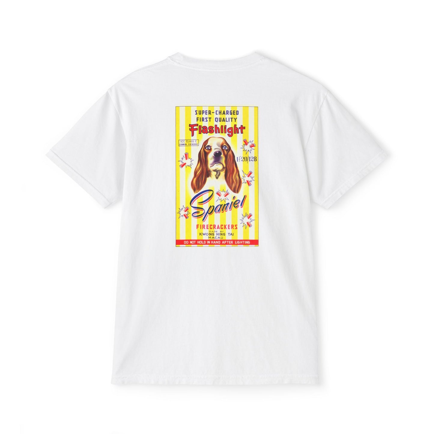 Spaniel Firecrackers pocket t-shirt white — person wearing — The Faded Label Co.