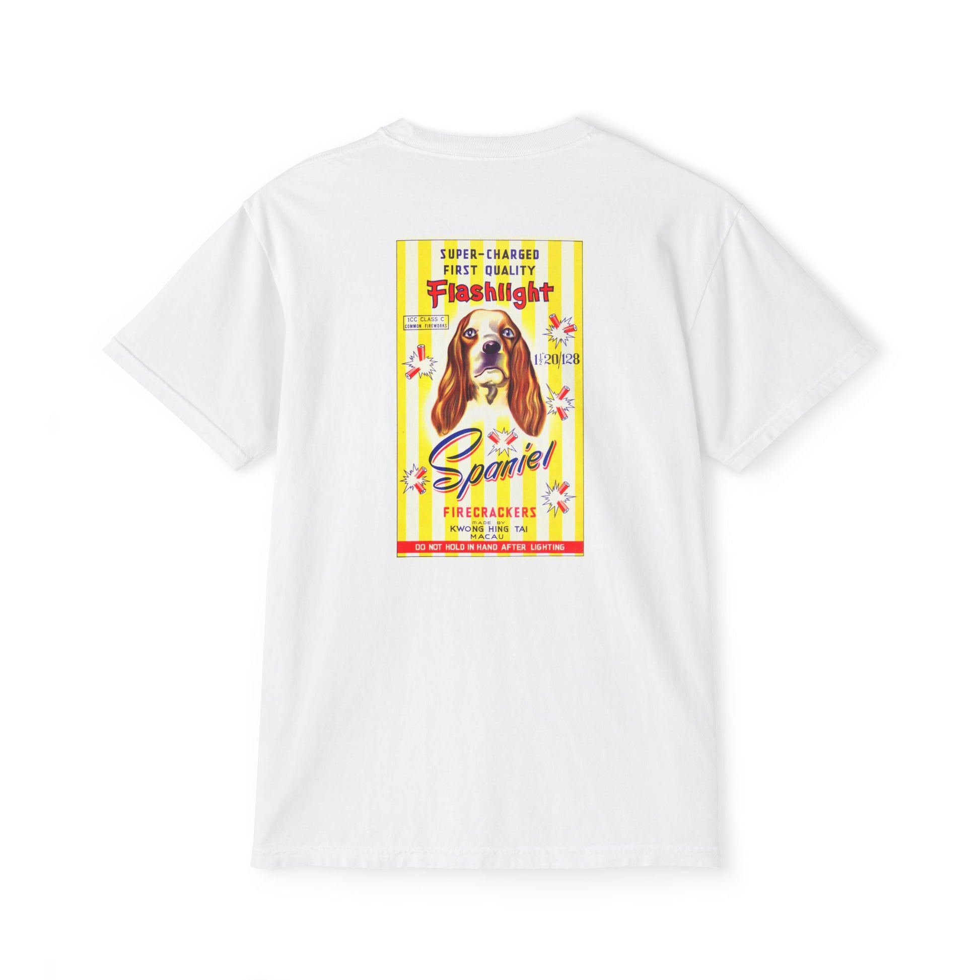 Spaniel Firecrackers pocket t-shirt white — person wearing — The Faded Label Co.