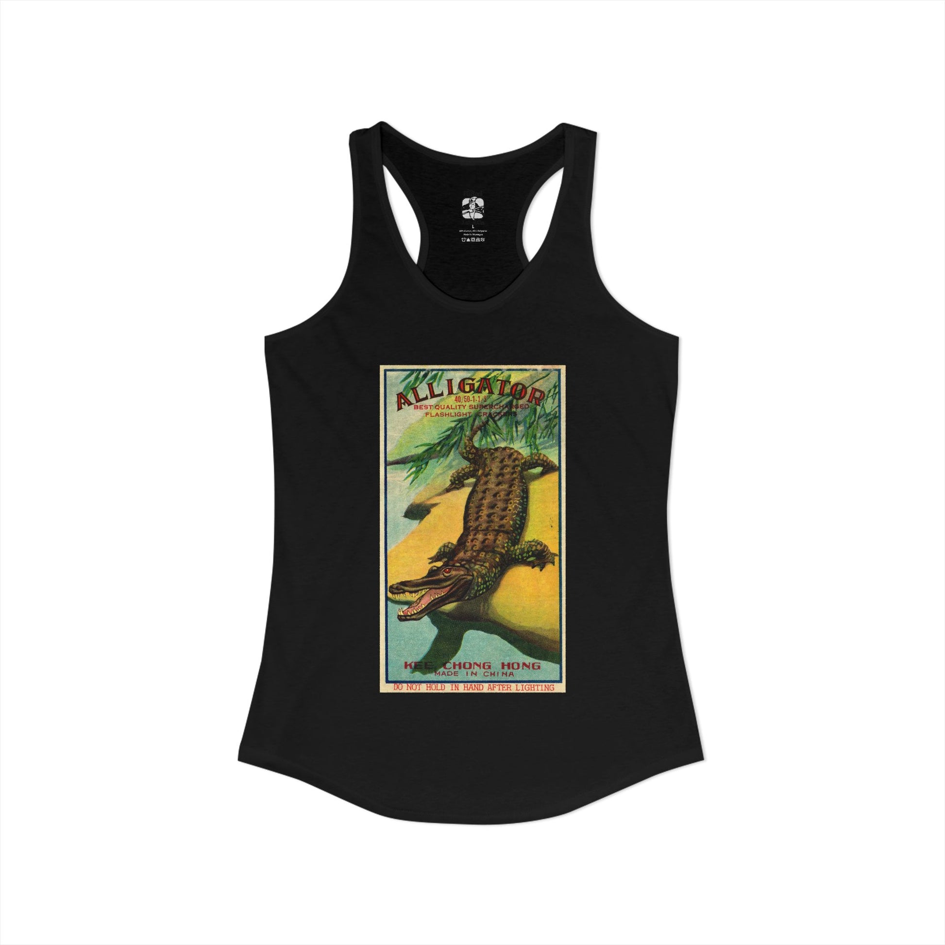 Alligator Firecrackers racerback tank black — vintage fireworks label art — The Faded Label Co.
