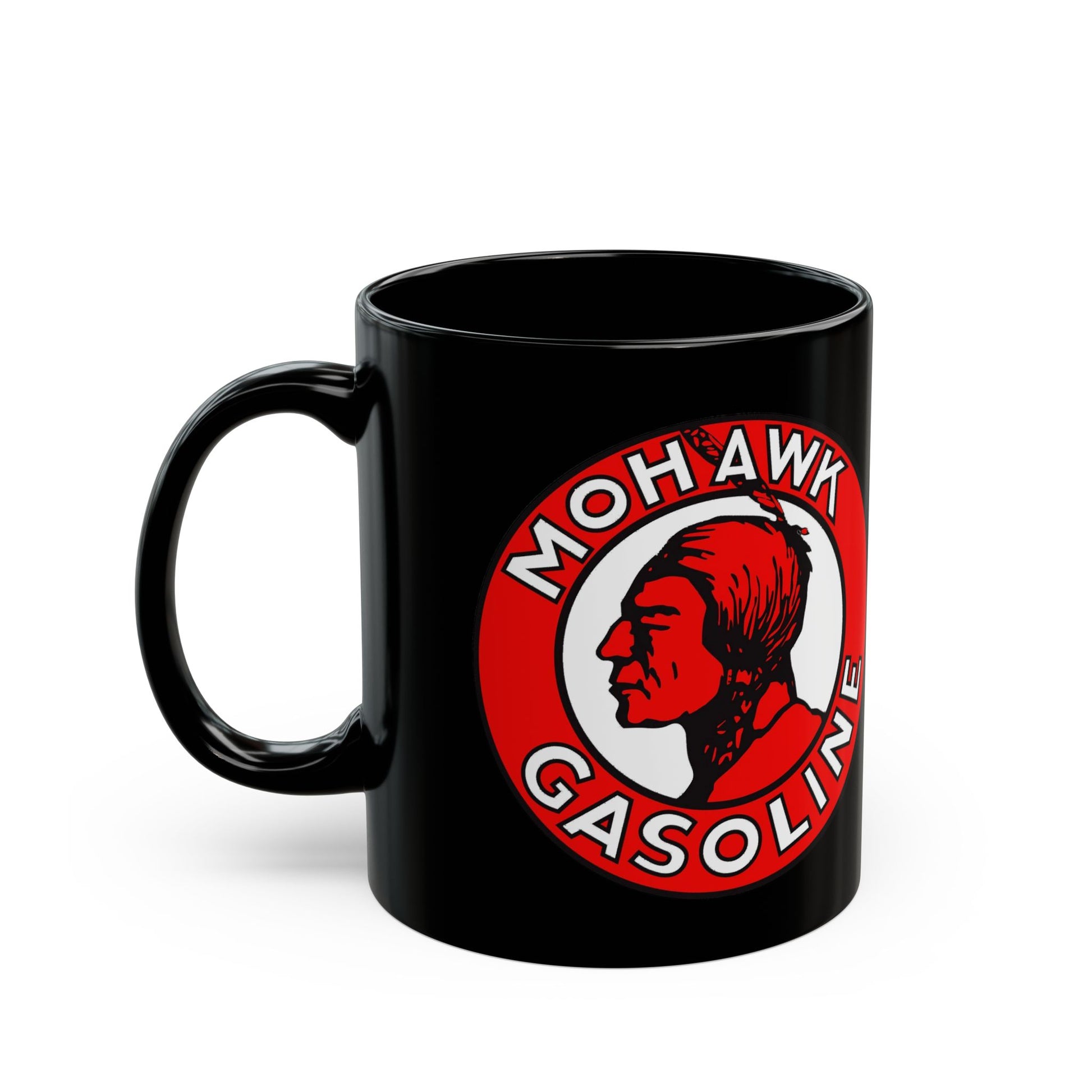 Mohawk Gasoline black coffee mug — vintage petroliana art — The Faded Label Co.