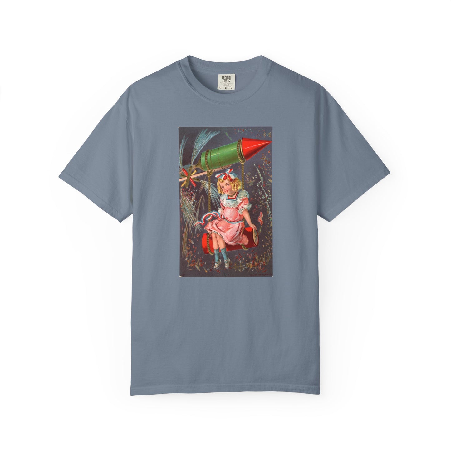 1907 Rocket Girl t-shirt pepper — vintage 4th of July postcard art — The Faded Label Co.