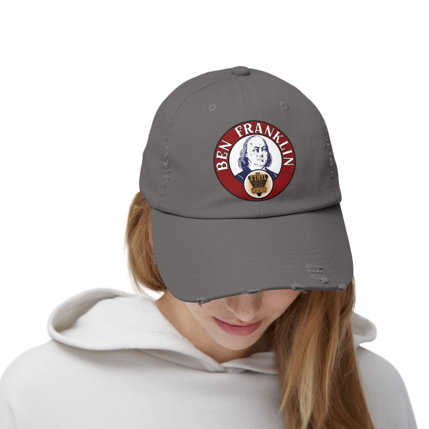 Ben Franklin Gasoline distressed cap front logo — Ardmore Oklahoma petroliana — The Faded Label Co.