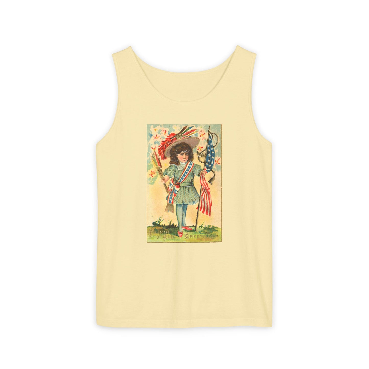 4th of July Patriotic Girl tank top blue jean — vintage patriotic postcard art — The Faded Label Co.