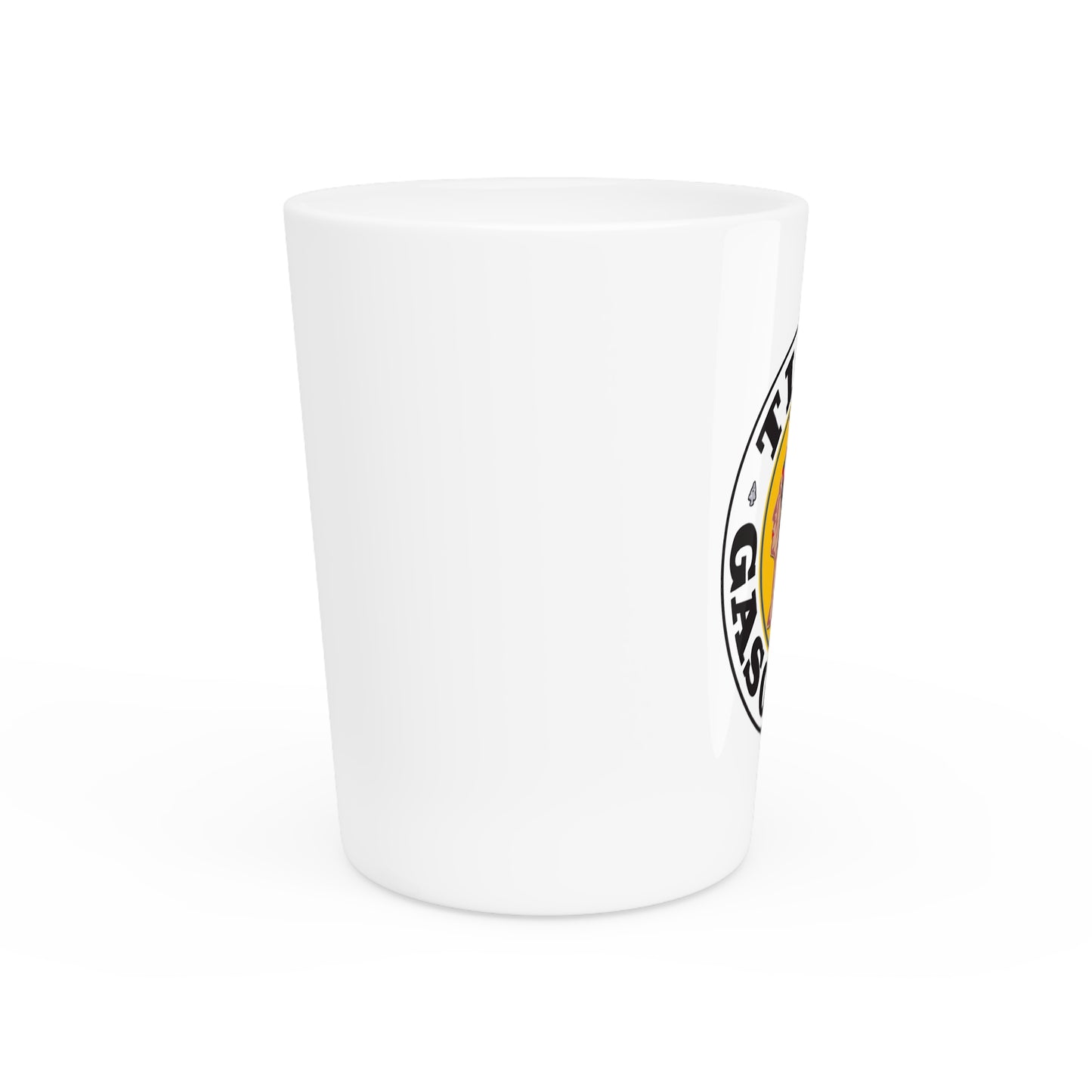 Tioga Gasoline shot glass detail — vintage petroliana barware — The Faded Label Co.