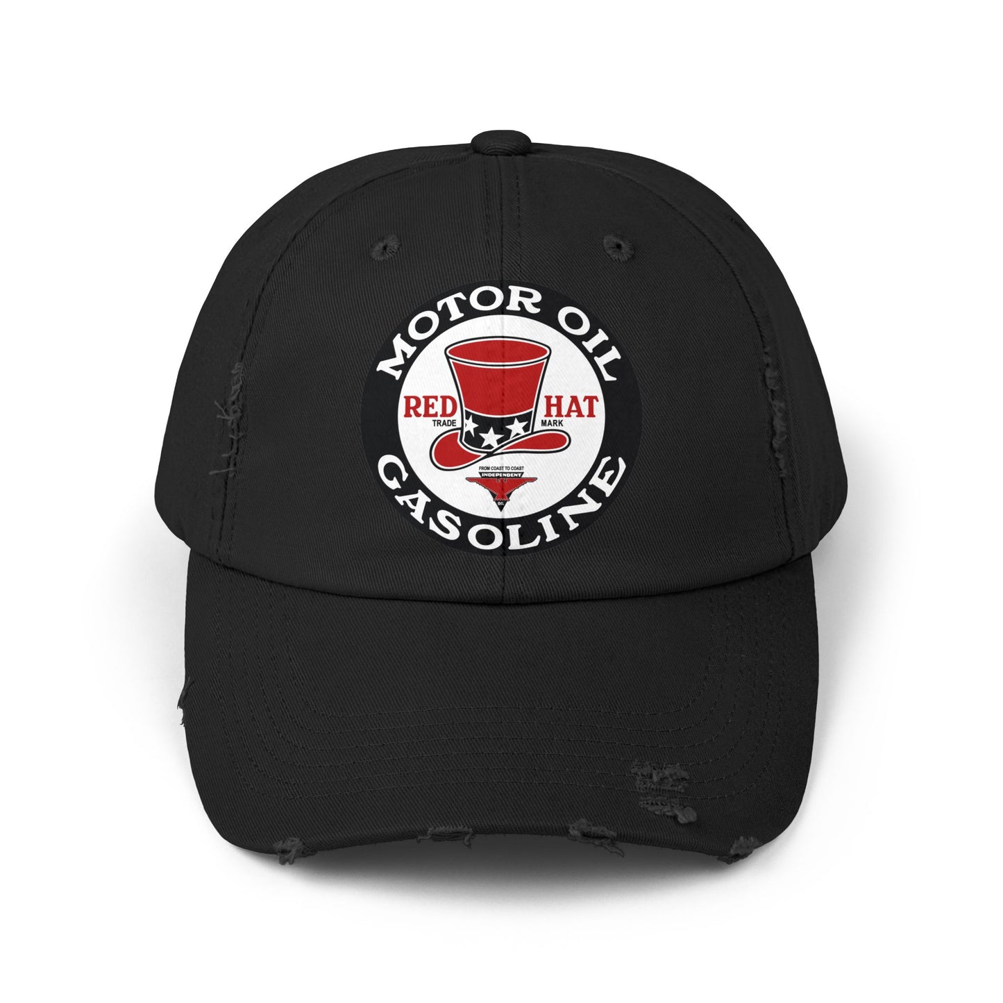Red Hat Motor Oil & Gasoline distressed cap black — vintage rare petroliana hat — The Faded Label Co.