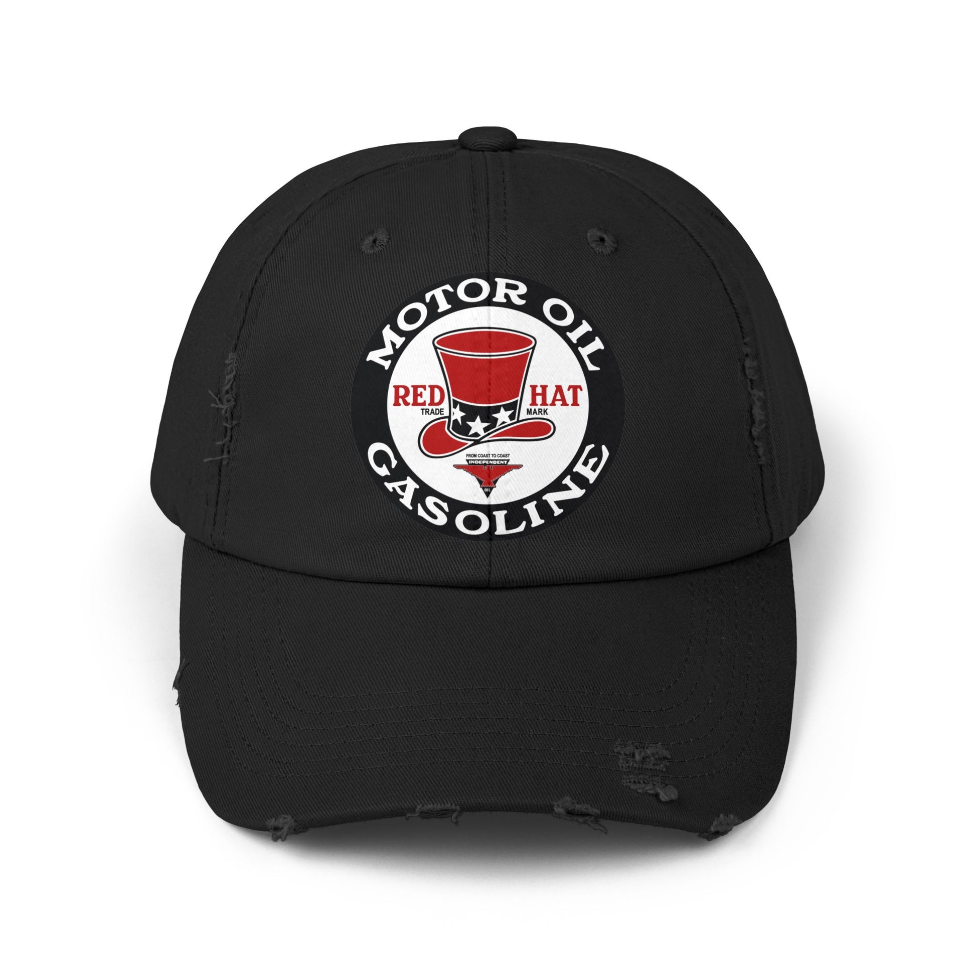 Red Hat Motor Oil & Gasoline distressed cap black — vintage rare petroliana hat — The Faded Label Co.