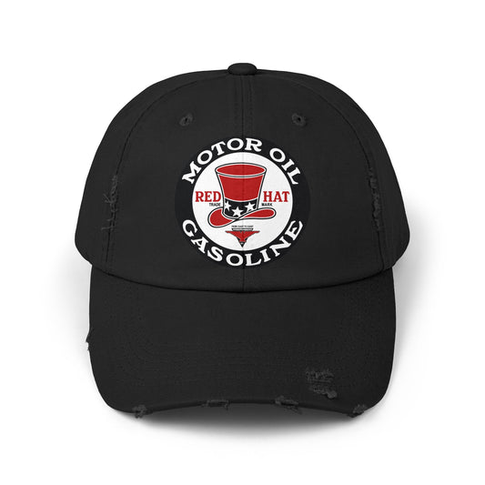 Red Hat Motor Oil distressed cap black — vintage petroliana hat — The Faded Label Co.