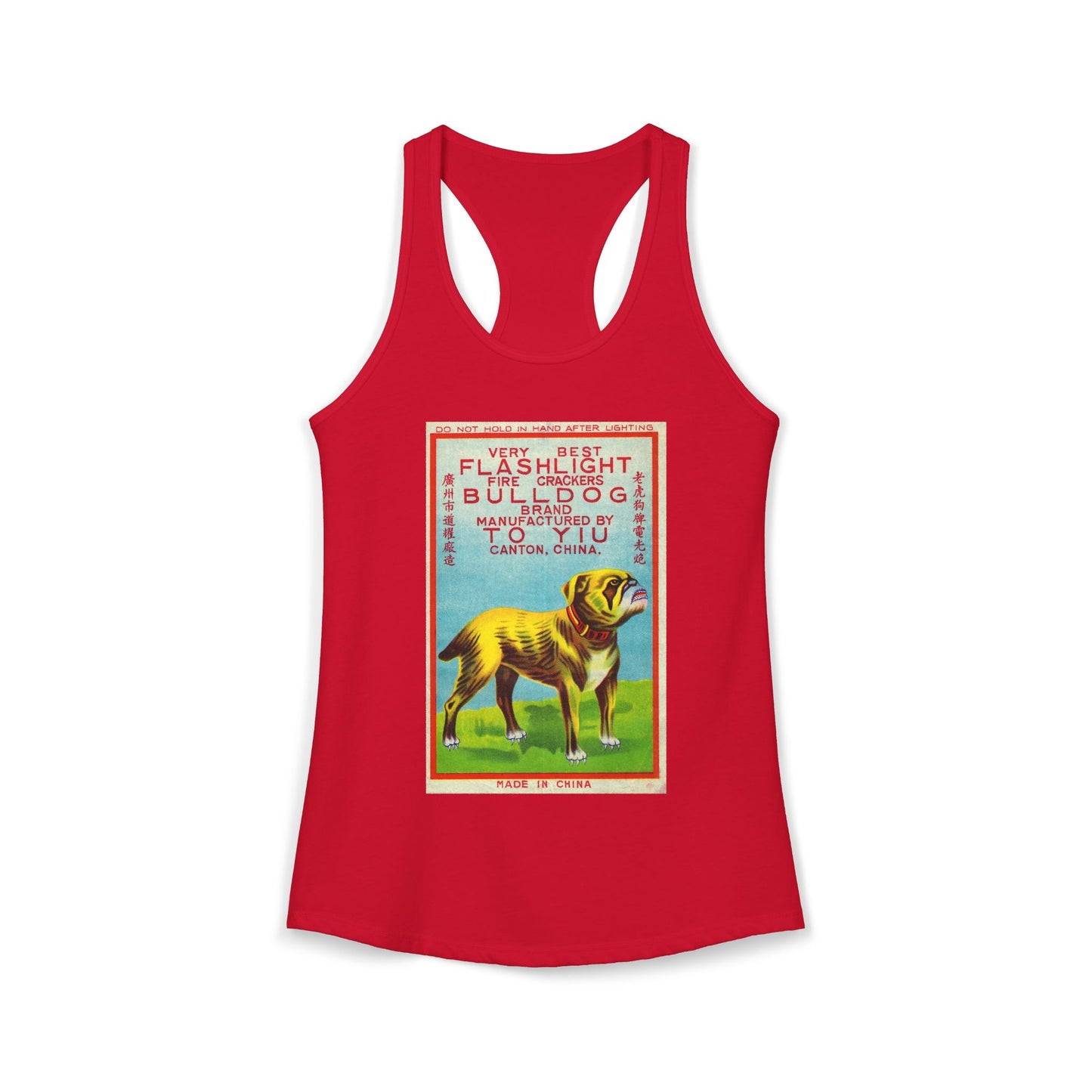 Bulldog Firecrackers racerback tank white — mid-century fireworks packaging art — The Faded Label Co.