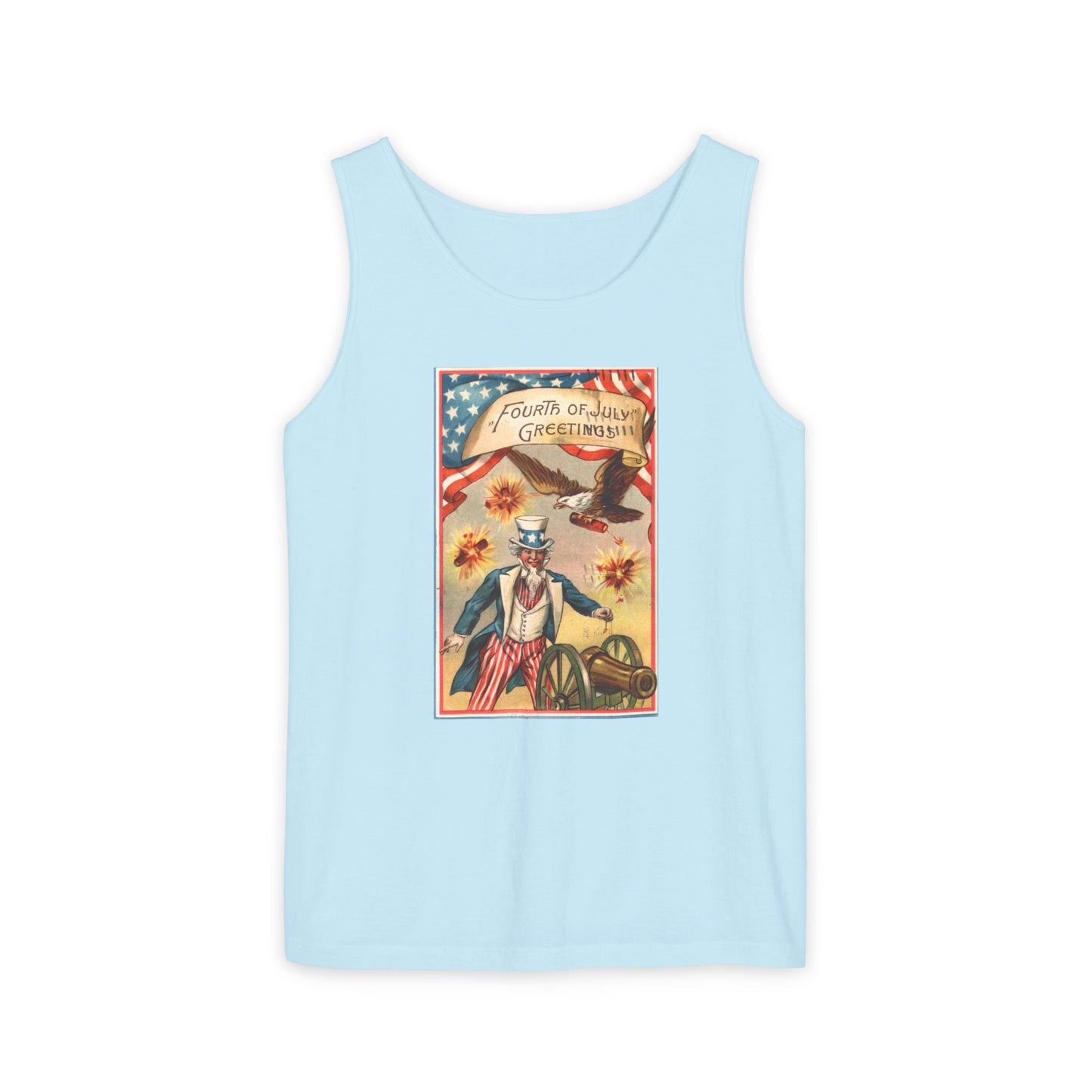 Fourth of July Greetings Uncle Sam tank top crimson — vintage patriotic postcard art — The Faded Label Co.