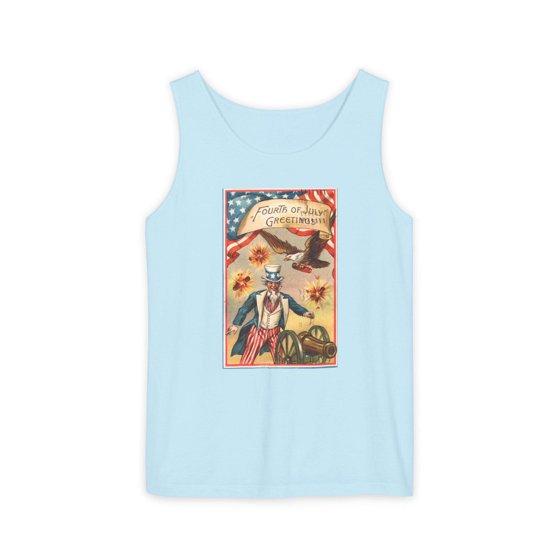 Fourth of July Greetings Uncle Sam tank top crimson — vintage patriotic postcard art — The Faded Label Co.