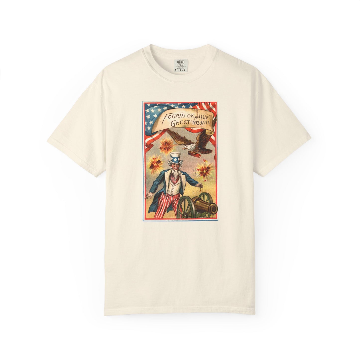 Fourth of July Greetings Uncle Sam t-shirt blue jean — vintage patriotic postcard art — The Faded Label Co.