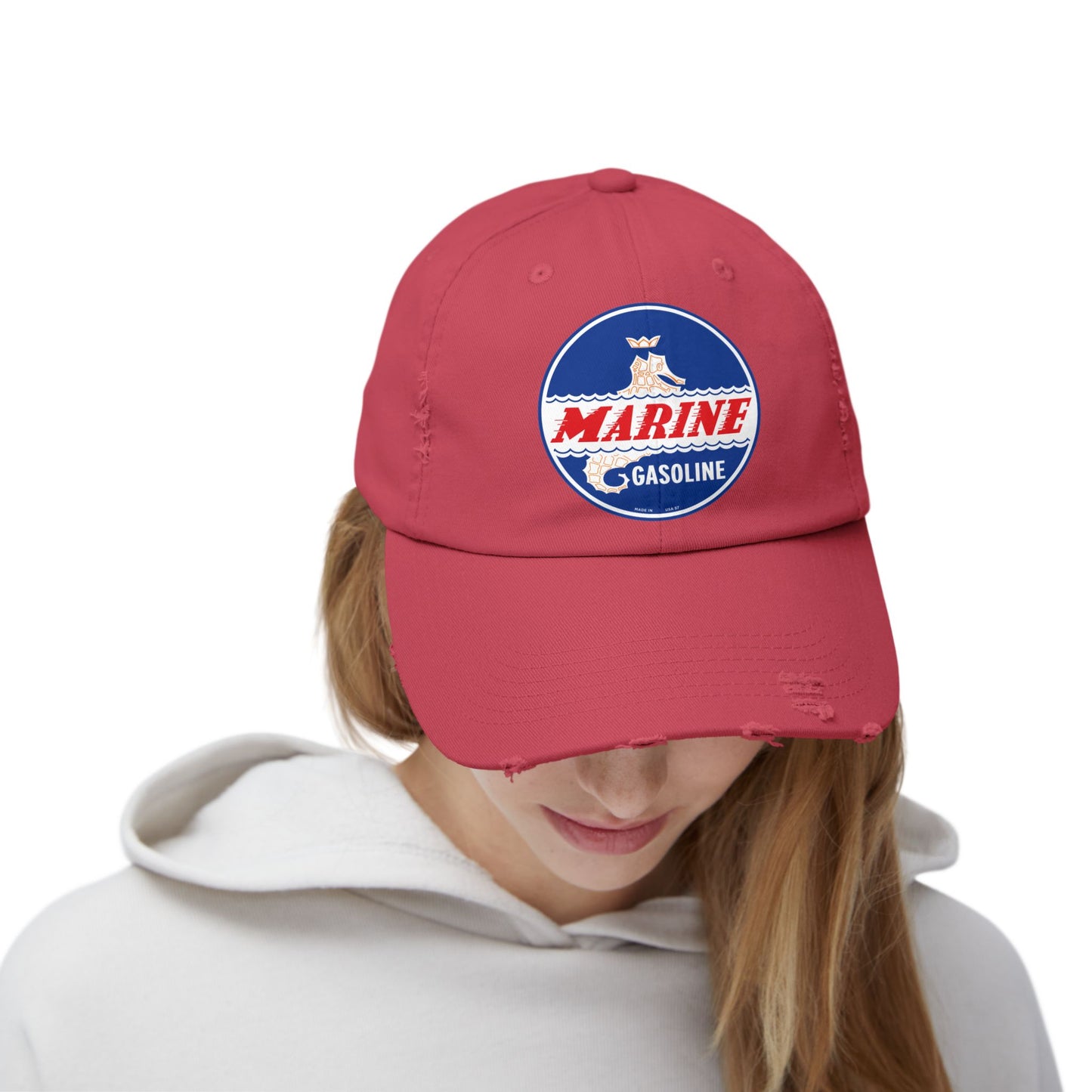 Marine Gasoline Distressed Cap — Vintage Dockside Petroliana Hat | The Faded Label Co.