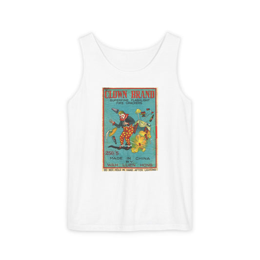 Clown Brand Firecrackers unisex tank top — vintage 4th of July fireworks art — The Faded Label Co.
