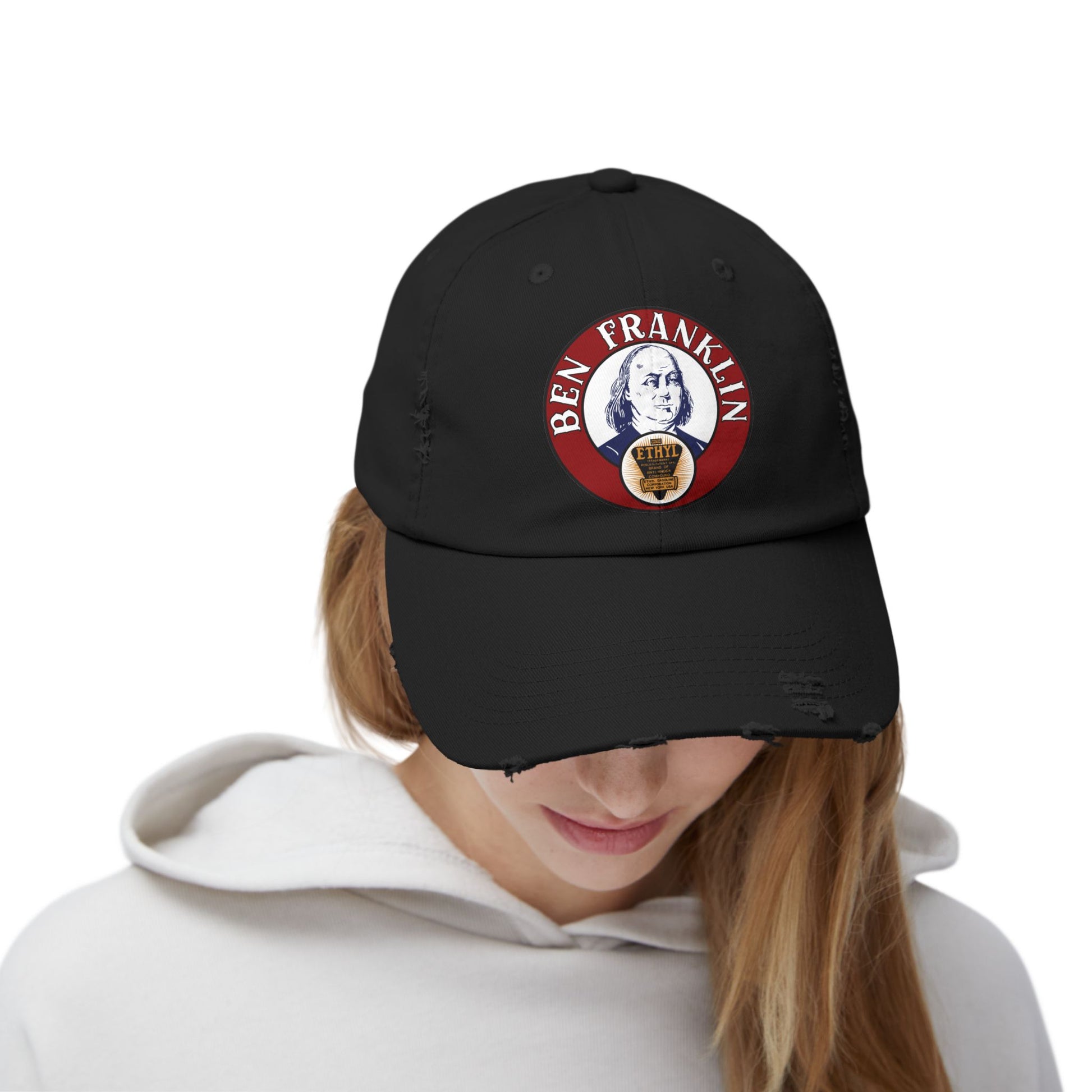 Ben Franklin Gasoline distressed cap size detail — vintage petroliana hat — The Faded Label Co.