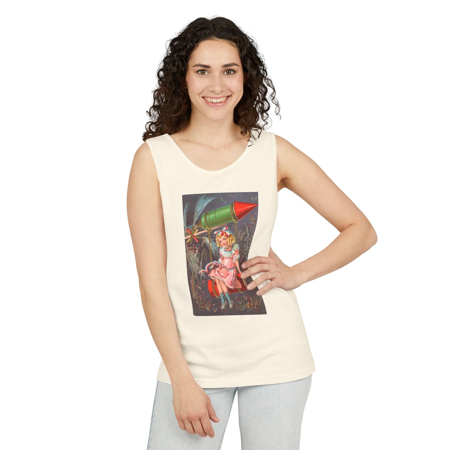 1907 Rocket Girl tank top on model — vintage 4th of July graphic tank — The Faded Label Co.