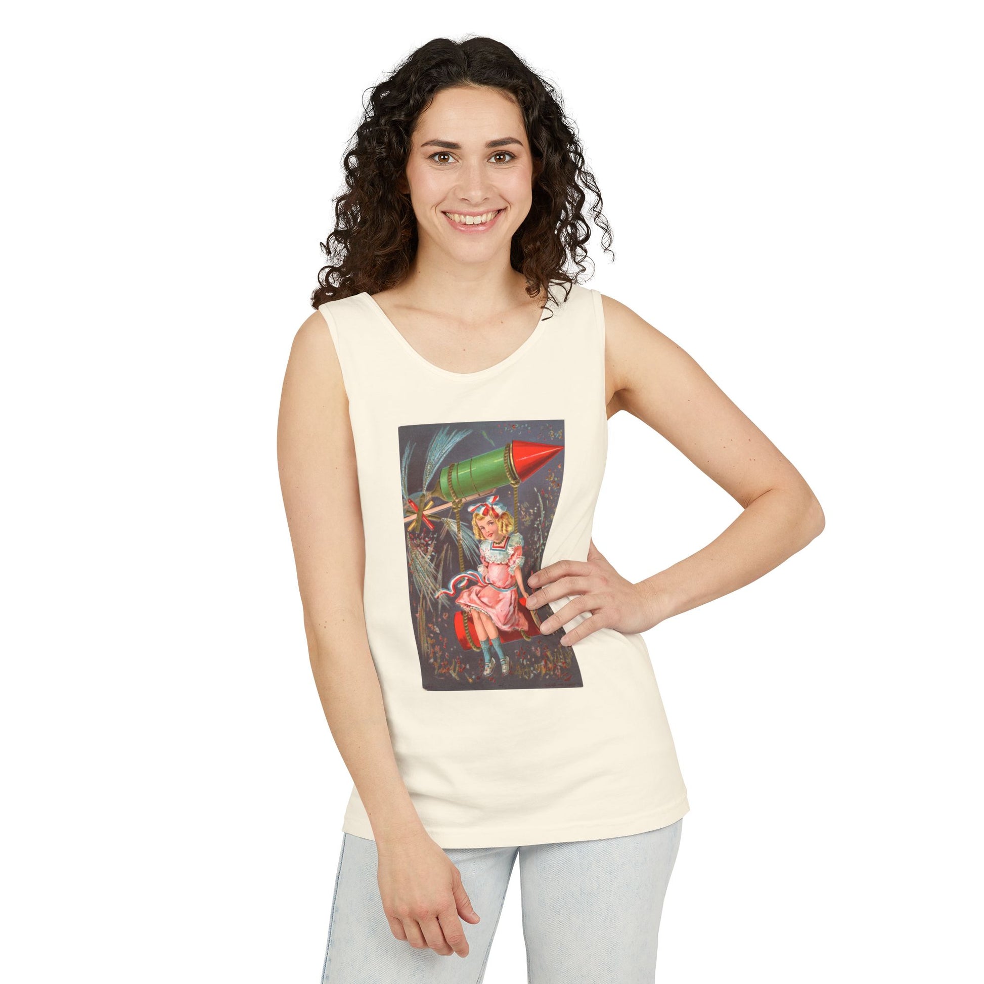 1907 Rocket Girl tank top on model — vintage 4th of July graphic tank — The Faded Label Co.