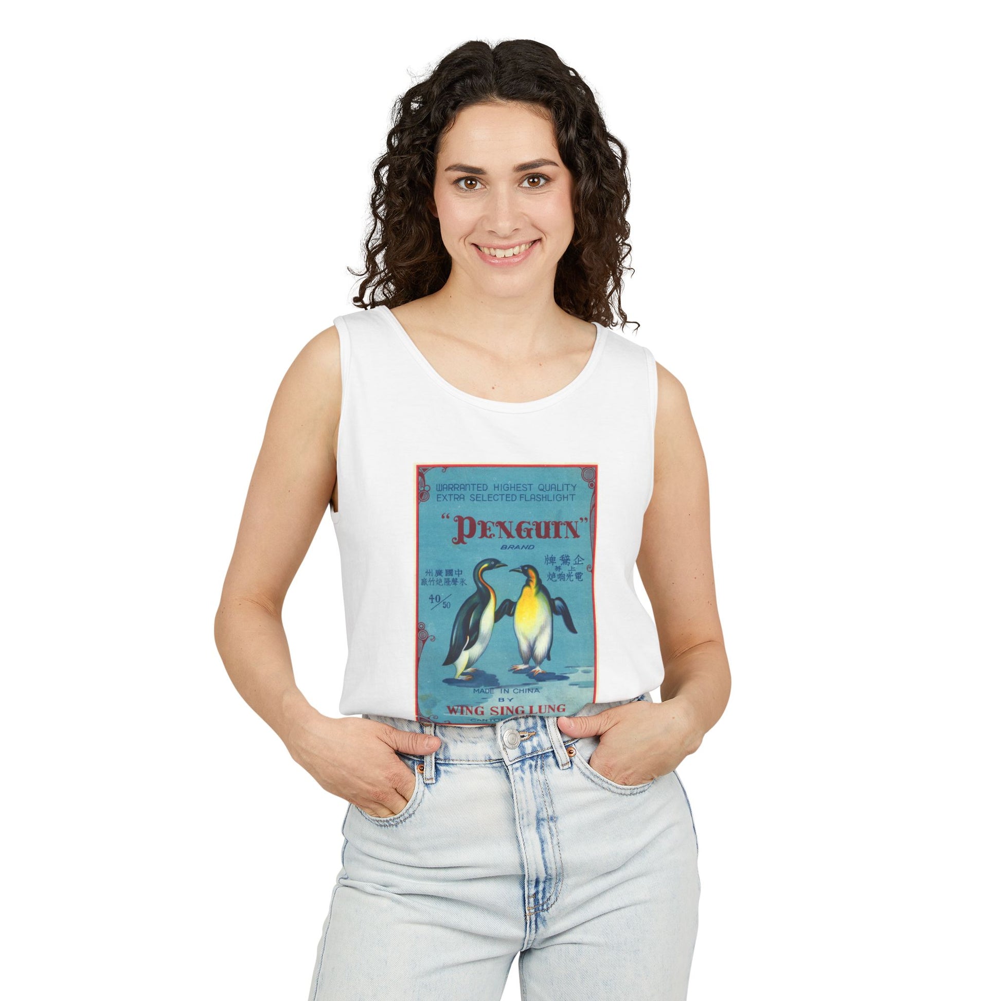 Penguin Brand Firecrackers tank top pepper — vintage Americana summer apparel — The Faded Label Co.