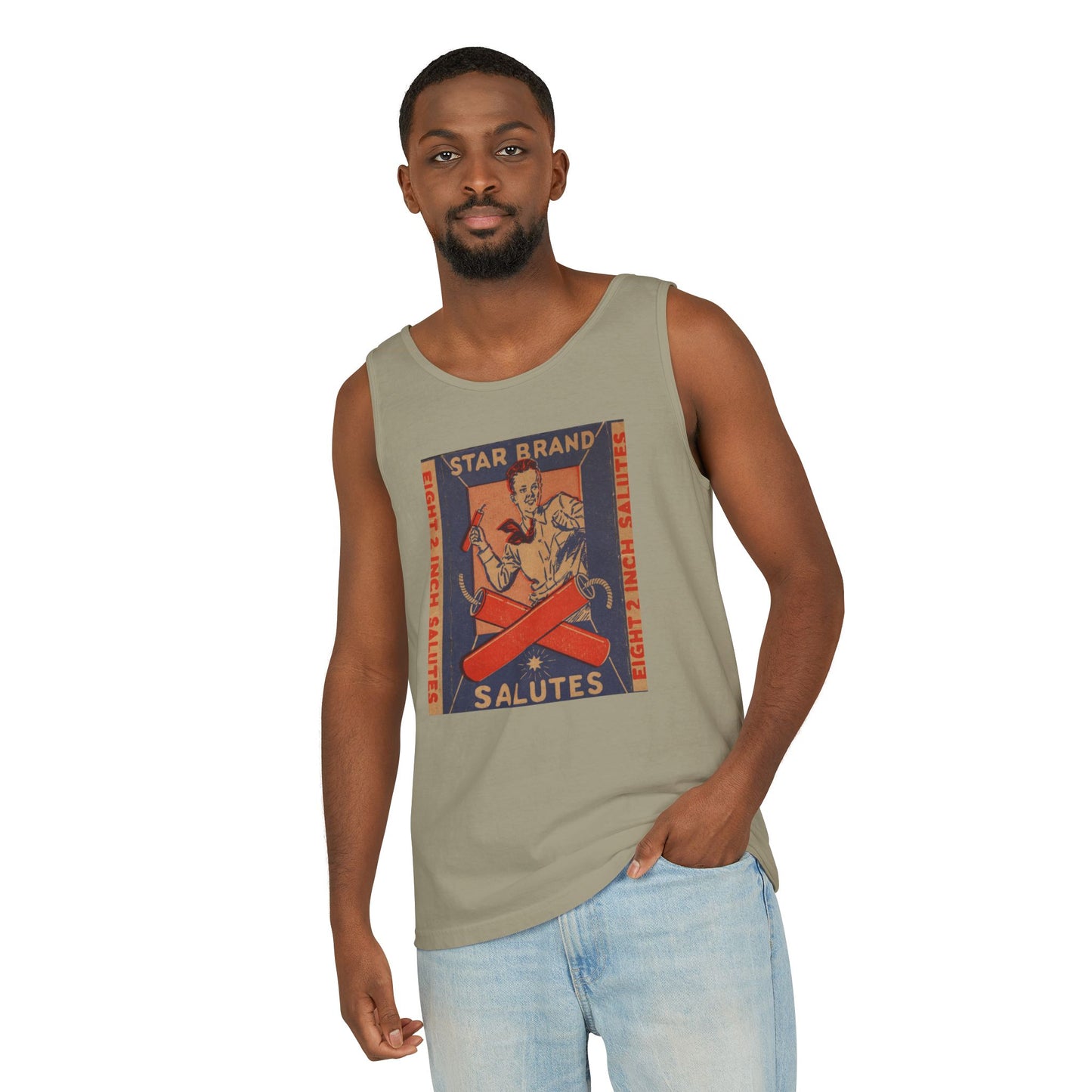 Star Brand Salutes tank top flat lay denim — Comfort Colors 9360 unisex tank — The Faded Label Co.